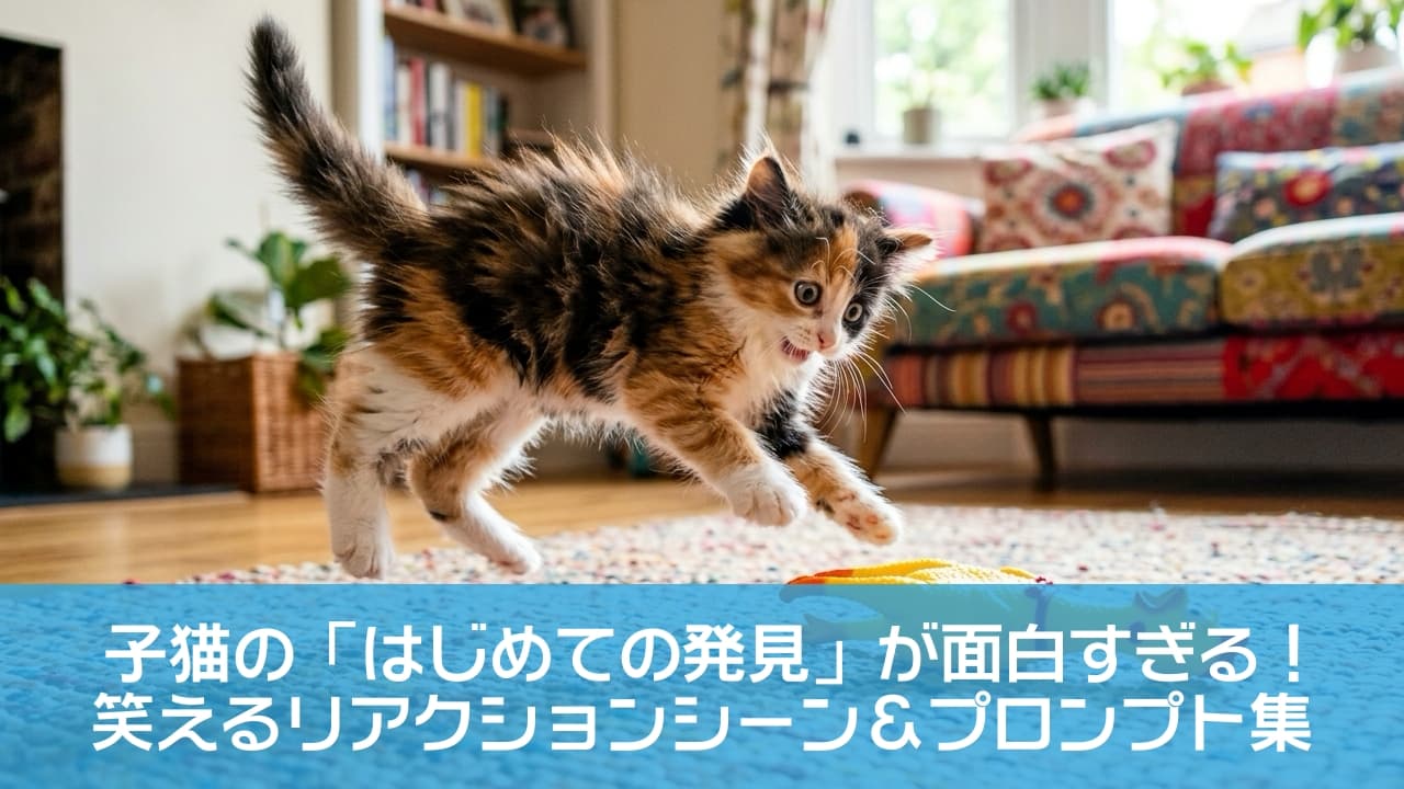 「「にゃんだこの黄色い鳥はー‼️🙀」未知のおもちゃに大パニックで宙を舞う三毛猫ちゃん🐾 みんなの愛猫も不思議な動きをしたことある？💬✨」Ultra-realistic high-quality photograph of a fluffy 5-week-old calico kitten jumping backwards mid-air in pure shock, with wide eyes, an open mouth, and puffed fur, encountering a bright yellow rubber chicken toy on a colorful woven rug. The cozy living room background features a patterned sofa and houseplants bathed in bright natural light. カラフルな編み込みラグの上で、黄色いラバーチキンのおもちゃに遭遇して驚愕し、四つ足を大きく広げて後方へ宙を舞う生後5週齢ほどの三毛（キャリコ）の子猫。まん丸に見開かれた瞳と大きく開いた口、逆立ったふわふわの被毛がパニック具合を物語り、背景に広がるポップな柄のソファや観葉植物が、明るく柔らかな自然光の中で鮮明に捉えられています