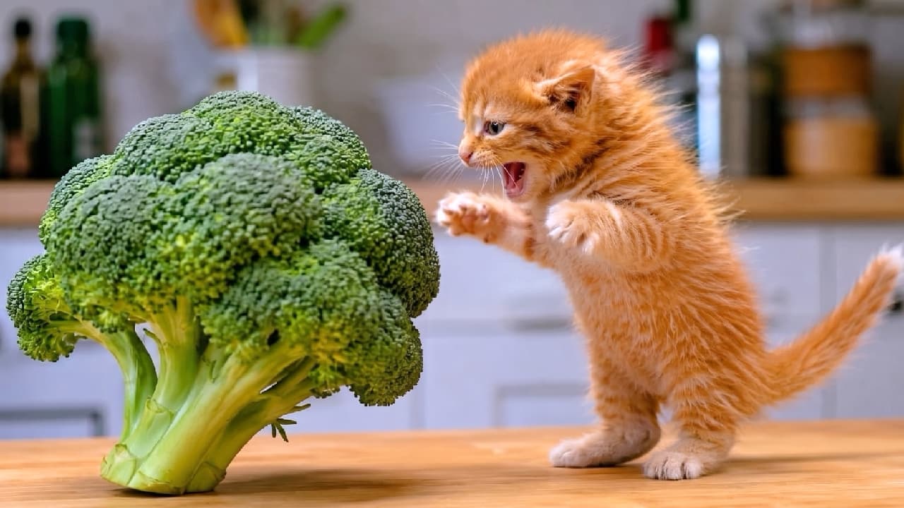 「「にゃんだこのモコモコの木は‼️🙀」未知の野菜に立ち向かう茶トラちゃん🥦 Geminiの魔法でお顔もさらに可愛く復活✨ #茶トラ #おもしろ猫」Ultra-realistic high-quality photograph of a fluffy ginger tabby kitten standing on its hind legs on a wooden counter, reacting with a wide-open mouth to a giant broccoli. The kitten's beautifully restored natural muzzle, puffed-up orange fur, and stiff tail are perfectly captured against a softly blurred, bright kitchen background. 明るいキッチンの木製カウンターで、巨大なブロッコリーに遭遇して驚き、二本足で立ち上がって猛抗議する生後数週間の茶トラ(レッドタビー)の子猫。Geminiの補正により自然な色合いを取り戻した口元を大きく開け、ふんわりとしたオレンジ色の被毛を逆立てながらピンと尻尾を張る姿が、美しい自然光の中でドラマチックに描かれています