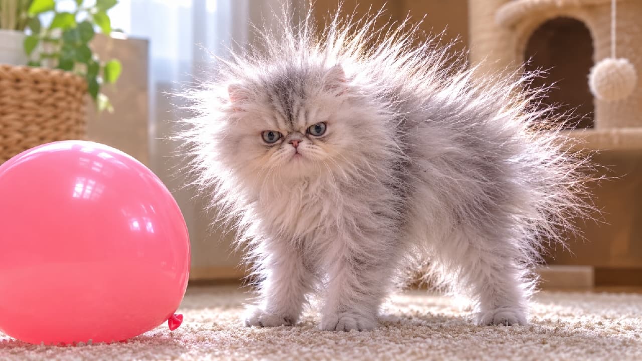 「静電気のイタズラでタンポポの綿毛みたいになっちゃった😹🎈 爆発ヘアーなのにこの不機嫌なお顔…ごめんね、可愛すぎて笑いが止まらないよ🙏 冬の静電気あるある、皆も気をつけてね⚡️ #静電気猫 #ペルシャ猫 #子猫のいる生活 #猫好きさんと繋がりたい #おもしろ猫」Ultra-realistic high-quality photograph of a grumpy silver Persian kitten standing on a beige carpet next to a pink balloon. The kitten's entire long coat is standing straight up in all directions due to static electricity, beautifully backlit by bright sunlight streaming into the living room. 明るいリビングのカーペットの上で、傍らにあるピンクの風船の静電気により、全身のシルバーの長い被毛が放射状に完全に逆立ってしまったペルシャ(またはエキゾチックロングヘア)の子猫。強烈な不機嫌顔と、光を透過して輝く爆発ヘアーのギャップが魅力的です。背後にはキャットタワーが見えます