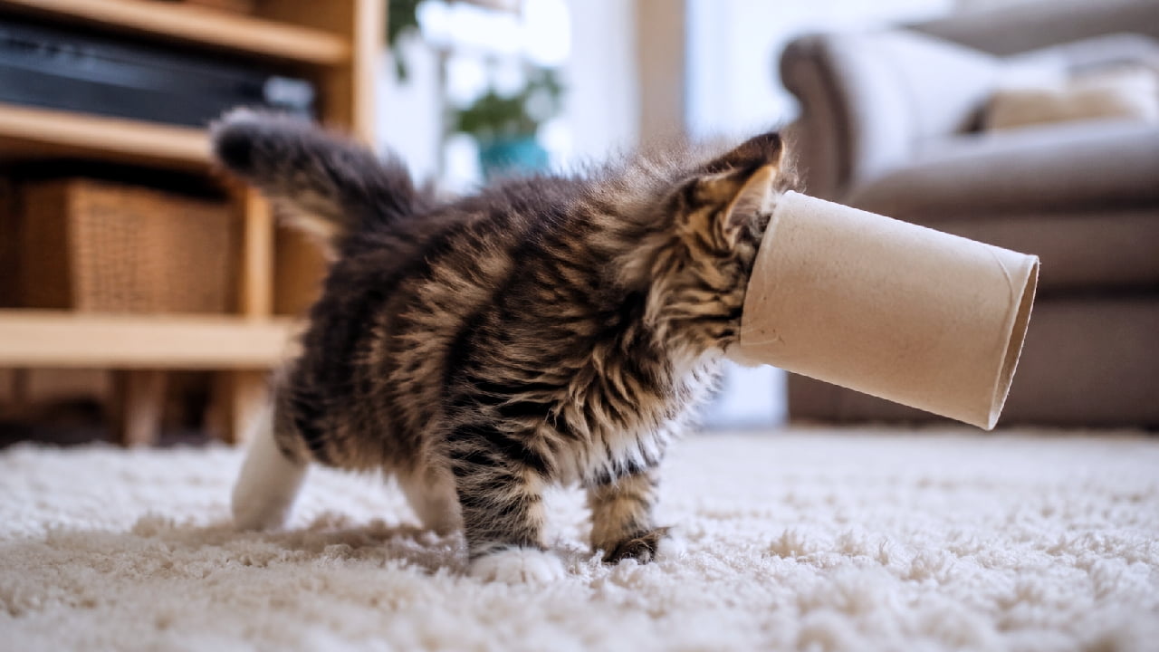 「前が見えないニャー!🙀 遊びに夢中になりすぎて、段ボールの筒から抜け出せなくなったドジっ子ちゃん🐾 前脚を踏ん張る姿がいじらしいですよね😂 共感したらRT♻️で応援してあげて! #子猫の冒険 #ドジっ子猫 #子猫のいる生活 #猫好きさんと繋がりたい #おもしろ猫」Ultra-realistic high-quality photograph of a fluffy brown tabby and white kitten (Maine Coon) walking forward on a white shaggy rug with a cardboard tube completely stuck over its head. The living room background is warmly lit and softly blurred. ビングの白いシャギーラグの上で、トイレットペーパーの芯(段ボール筒)に頭がすっぽりハマってしまい、前が見えないまま力強く前進しているメインクーンのキジ白(ブラウンタビー&ホワイト)子猫。好奇心とハプニングの瞬間が生き生きと捉えられています