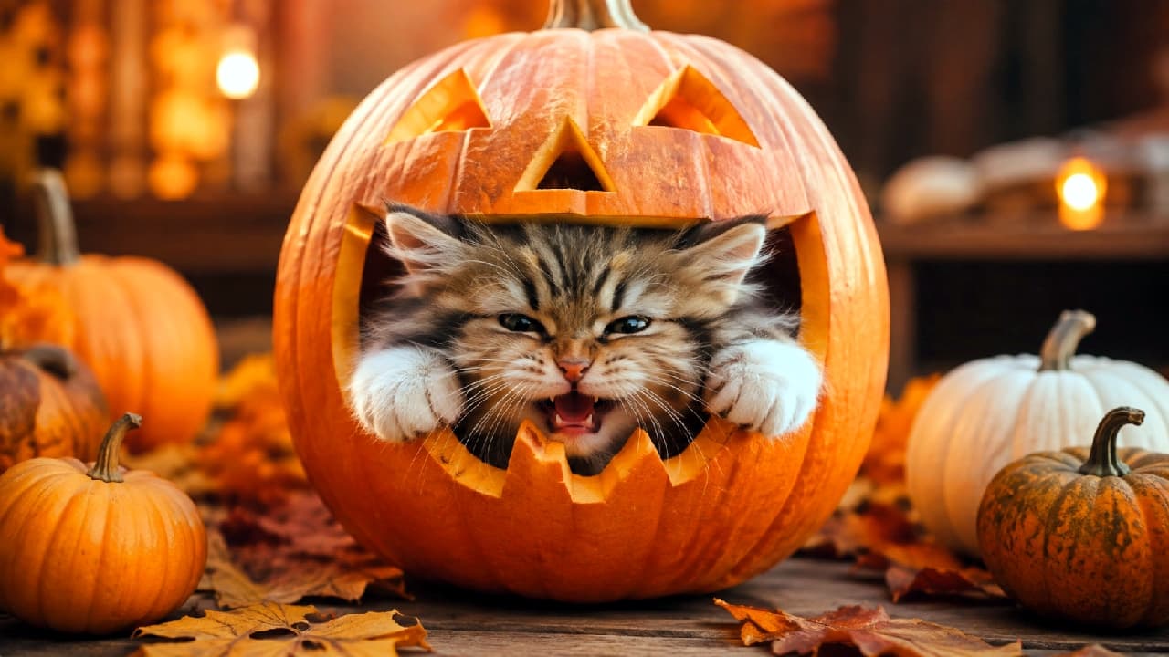 「「がおー!怖いにゃろ?🐾」🎃ハロウィンかぼちゃから飛び出した、ちいさなモンスターにキュンとしたら「❤️」してね! #ハロウィン猫 #おもしろ子猫 #子猫のいる生活 #猫好きさんと繋がりたい #おもしろ猫」Ultra-realistic high-quality photograph of a fluffy 6-week-old Norwegian Forest kitten sticking its squished face out of a glowing Halloween jack-o'-lantern's carved mouth. The kitten is trying to make a scary face, surrounded by autumn leaves in warm, cinematic lighting. 秋の落ち葉に囲まれたジャック・オー・ランタンの口から、キジトラ模様のふわふわな被毛をむぎゅっと押し出して顔を出す、生後6週目ほどのノルウェージャンフォレストキャット風の子猫。一生懸命に口を開けて怖い顔で威嚇しようとしているものの、ただただ愛らしく、温かみのある映画のような秋の光に包まれています