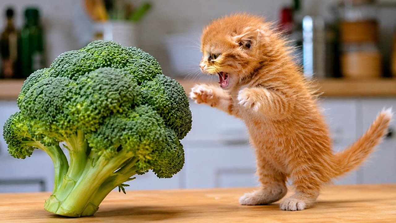 「初めてのブロッコリーに大パニック😂🥦「なんだこの緑のモジャモジャはー!」って声が聞こえてきそう🐾 みんなの猫ちゃんは野菜にどんな反応する?💬✨ #猫のいる暮らし #おもしろ猫」Ultra-realistic high-quality photograph of a fluffy orange tabby kitten standing on its hind legs, hissing with paws raised at a giant green broccoli floret on a wooden table, against a softly blurred kitchen background bathed in natural light. 木のテーブルの上に置かれた巨大な緑のブロッコリーに対し、後ろ足で立ち上がり両手を広げて「シャー!」と威嚇している茶トラ(レッドタビー)の子猫。背景にはボケたキッチンの風景が広がり、自然光が子猫のふわふわな被毛の質感をリアルに際立たせています