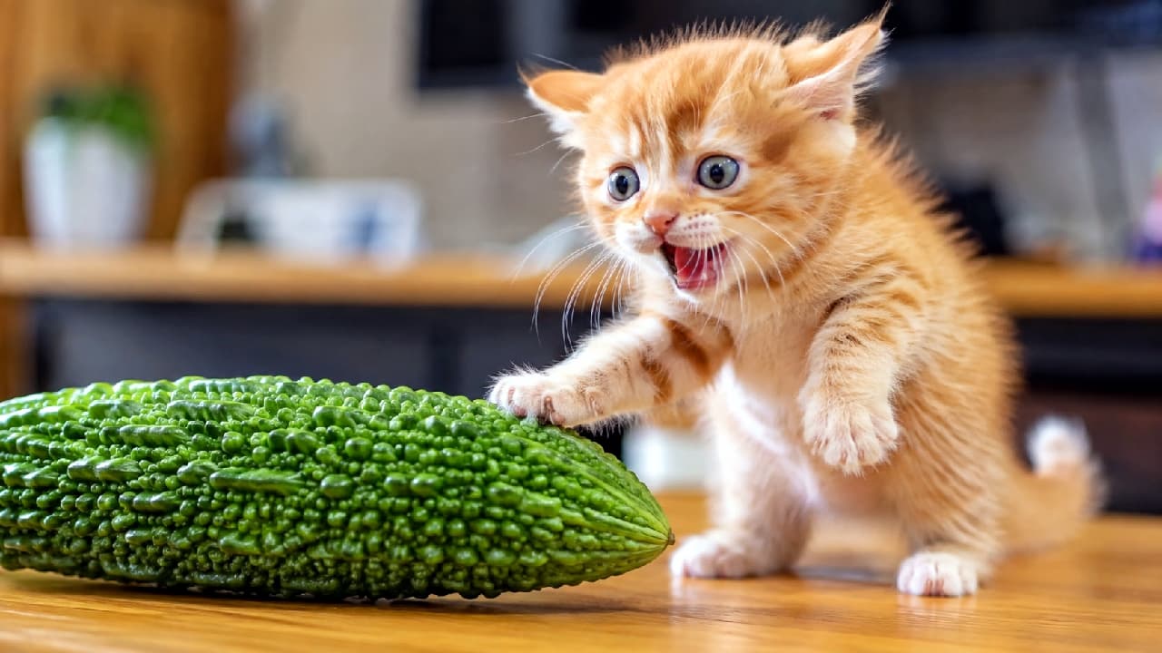 「「なんだこのトゲトゲの緑の生き物は‼️🙀」未知の野菜・ゴーヤとの初遭遇に、へっぴり腰で挑む茶トラちゃん🐾 勇気を振り絞るおててが最高にキュートです🥒✨ 頑張れ!って思ったら「いいね👍」してね! #初めてのシリーズ #茶トラ子猫 #子猫の冒険 #子猫のいる生活 #猫好きさんと繋がりたい #おもしろ猫」Ultra-realistic high-quality photograph of a shocked orange tabby and white kitten with wide eyes and an open mouth, timidly reaching out a paw to touch a bumpy green bitter melon on a wooden table, featuring highly detailed textures and comical expressions. 木のテーブルの上に置かれた緑色でイボイボのゴーヤ(ニガウリ)に対し、目を見開いて口を大きく開けた驚きの表情で、恐る恐る右前足を伸ばしてタッチしている茶トラ白(レッドタビー&ホワイト)の子猫。子猫のコミカルな表情とゴーヤのゴツゴツした質感が対照的