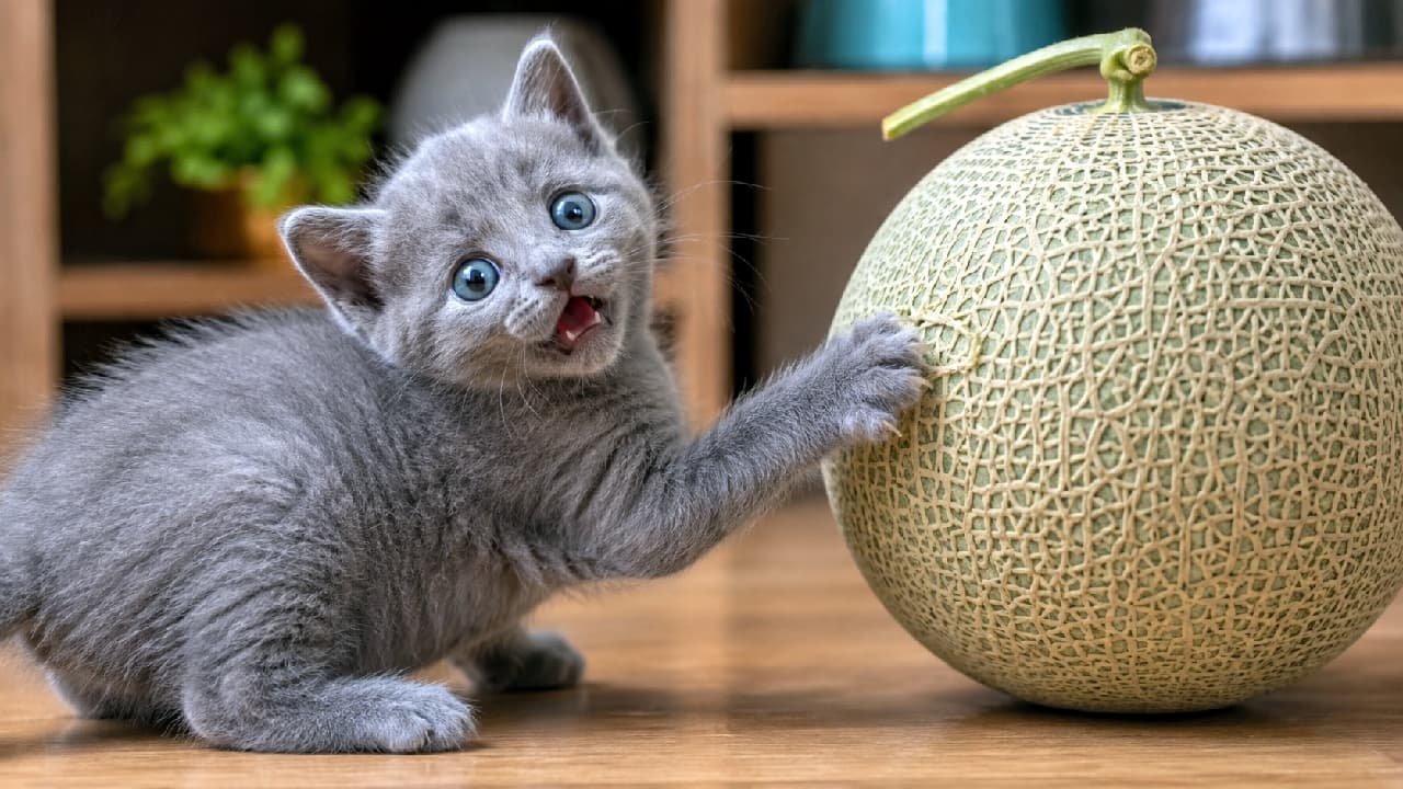 「「この緑の丸くてゴツゴツしたのは何ニャー⁉️🙀」未知のフルーツに大パニックの子猫ちゃんが可愛すぎる🍈💕 #ロシアンブルー #子猫のいる生活 #猫好きさんと繋がりたい #おもしろ猫」Ultra-realistic high-quality photograph of a solid blue-grey Russian Blue kitten cautiously touching a large, textured muskmelon with one paw on a wooden floor, featuring a highly comical surprised expression with its mouth wide open and eyes completely widened in a warm indoor setting. 木の床の上で、自分の体より大きな網目模様のマスクメロンに恐る恐る左前足を伸ばし、驚きのあまり口をあんぐり開けているブルー(グレー)の被毛を持つロシアンブルーの子猫。丸く見開かれた瞳と小さな歯が見えるコミカルな表情が、温かい室内の照明と背景の木製家具のボケ味の中で鮮明に捉えられています