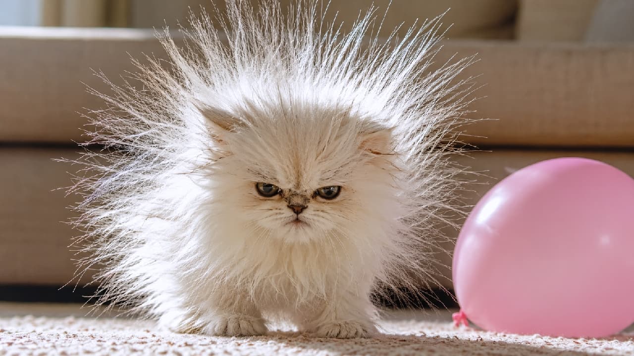 「ボワァッ‼️💥 風船の静電気でスーパーサイヤ猫に覚醒しちゃった⁉️😼 納得いってないお顔とフワフワのギャップがたまりません🤤 みんなの猫ちゃんも静電気で膨らむことある?💬 #モフモフ猫 #おもしろ画像 #静電気猫 #ペルシャ猫 #子猫のいる生活 #猫好きさんと繋がりたい #おもしろ猫」Ultra-realistic high-quality photograph of a cream-colored Persian kitten with a very grumpy flat face, standing next to a pink balloon on a carpet. Its long fur is spiked up straight in every direction from static electricity, glowing in the warm sunlight like a dandelion fluff. ベージュのカーペットの上で、ピンクの風船の静電気の影響をダイレクトに受け、クリーム色の長い被毛がハリネズミのように真っ直ぐ逆立っているペルシャ系の子猫。潰れたお鼻の不満げな表情と、陽の光に照らされて光の輪のようになった毛並みが非常にコミカルに描かれています