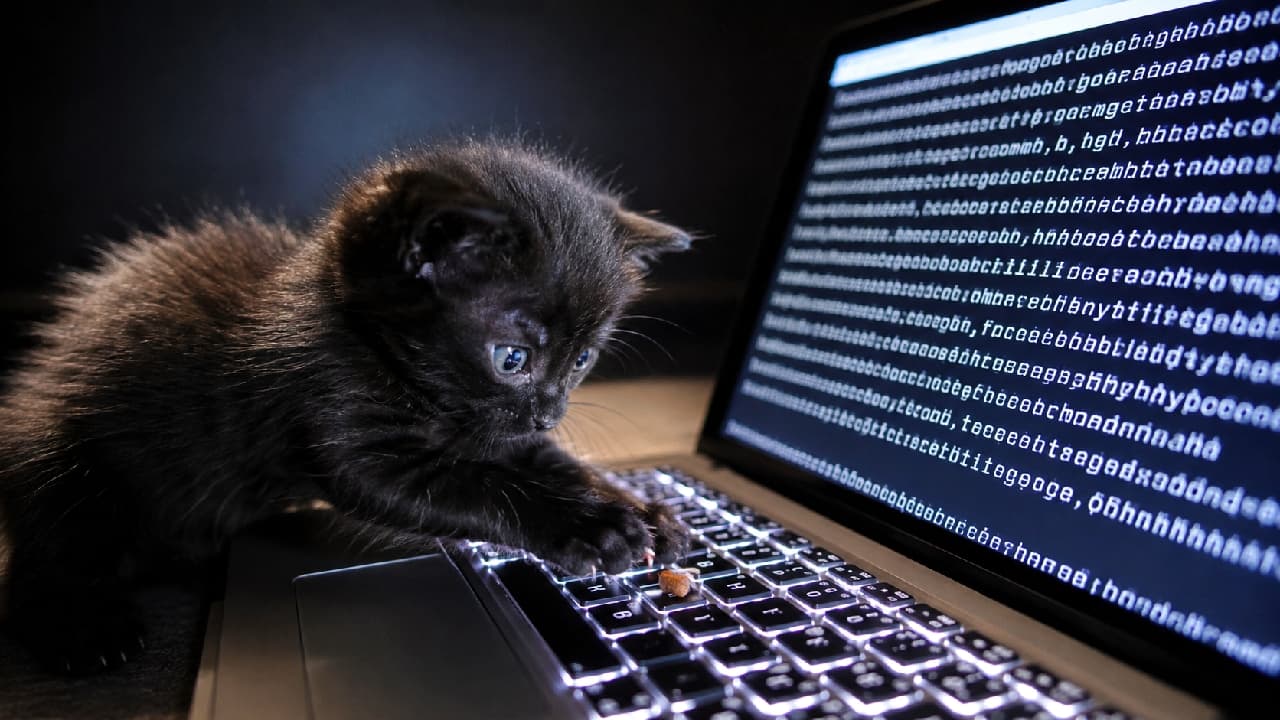 「「カリカリ救出ミッション開始にゃ!💻⚡️」一生懸命すぎて画面が謎の暗号だらけに😂 天才ハッカー子猫の活躍を応援してね! #黒猫 #ハッカー #子猫のいる生活 #猫好きさんと繋がりたい #おもしろ猫」Ultra-realistic high-quality photograph of a tiny 3-week-old black kitten trying to dig out a single piece of cat kibble from a backlit laptop keyboard in a dark room. The kitten's paws accidentally type a chaotic string of text on the glowing screen, looking like a brilliant tiny hacker. 暗い部屋の中で青白く光るノートパソコンの画面に向かい、キーボードの上に落ちた1粒のキャットフードを小さな前足で一生懸命に掘り出そうとしている生後3週目ほどの黒子猫。青い瞳を真剣に見開き、無意識に画面へ謎の文字列をタイピングしている姿が、まるで凄腕ハッカーのようにドラマチックに描写されています