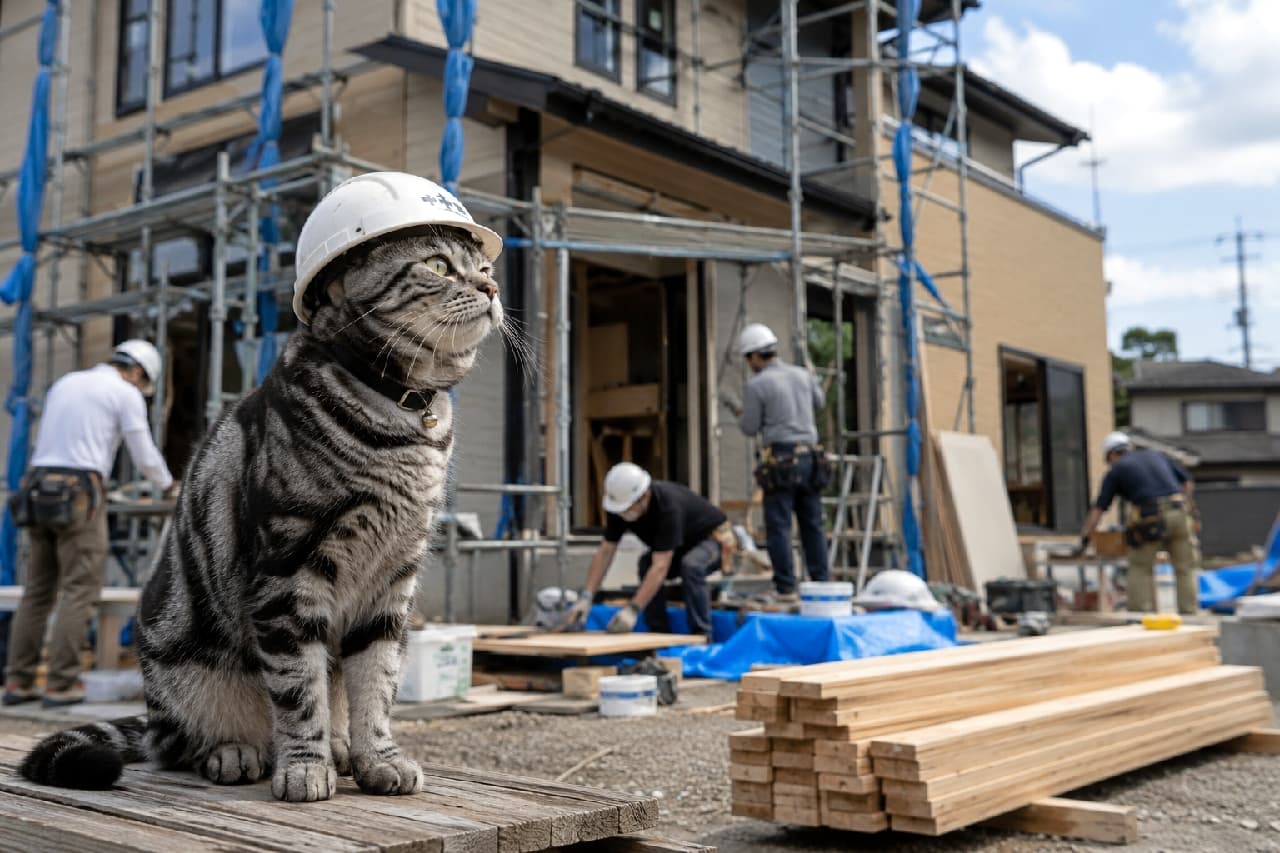 「「安全第一で作業を進めるニャ!👷♂️🛠️」凛々しい横顔で見守る猫監督がいれば、素敵なお家が建ちそうですね🏡✨」Ultra-realistic high-quality photograph of a silver tabby American Shorthair cat wearing a white safety helmet, sitting attentively on a stack of wooden planks. The background features a wooden detached house under construction with scaffolding and construction workers actively working under a bright blue sky. 白い安全ヘルメットを被ったシルバータビーのアメリカンショートヘアが、建築資材の木材の上に座り、真剣な眼差しで遠くを見つめている。背景には足場が組まれた建築中の木造戸建て住宅と、懸命に作業をする作業員たちの姿が青空の下に広がり、猫のふっくらとした被毛とのコントラストが面白い情景