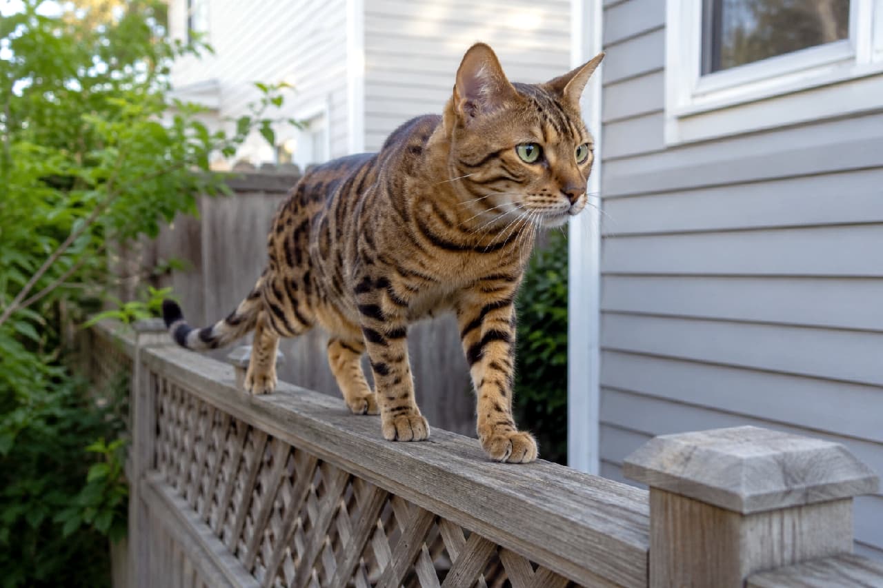 「お庭のフェンスの上はアタシのキャットウォークよ🐾 ワイルドなヒョウ柄がかっこよすぎるベンガルちゃんのご登場です🐆✨」Ultra-realistic high-quality photograph of a stunning Bengal cat with clear rosette patterns walking confidently along a wooden lattice fence in a backyard. The cat's sleek coat and muscular build convey a wild elegance, set against a backdrop of a detached house with light gray lap siding and green foliage. 複雑なロゼット模様(ヒョウ柄)が美しいベンガル猫が、アーリーアメリカン調の戸建て住宅の裏庭にある木製のラティスフェンスの上をバランス良く颯爽と歩いている姿。滑らかな短い被毛のツヤと引き締まった筋肉が野性味を感じさせ、背景のライトグレーの外壁(ラップサイディング)や庭の緑が洗練された雰囲気を醸し出している
