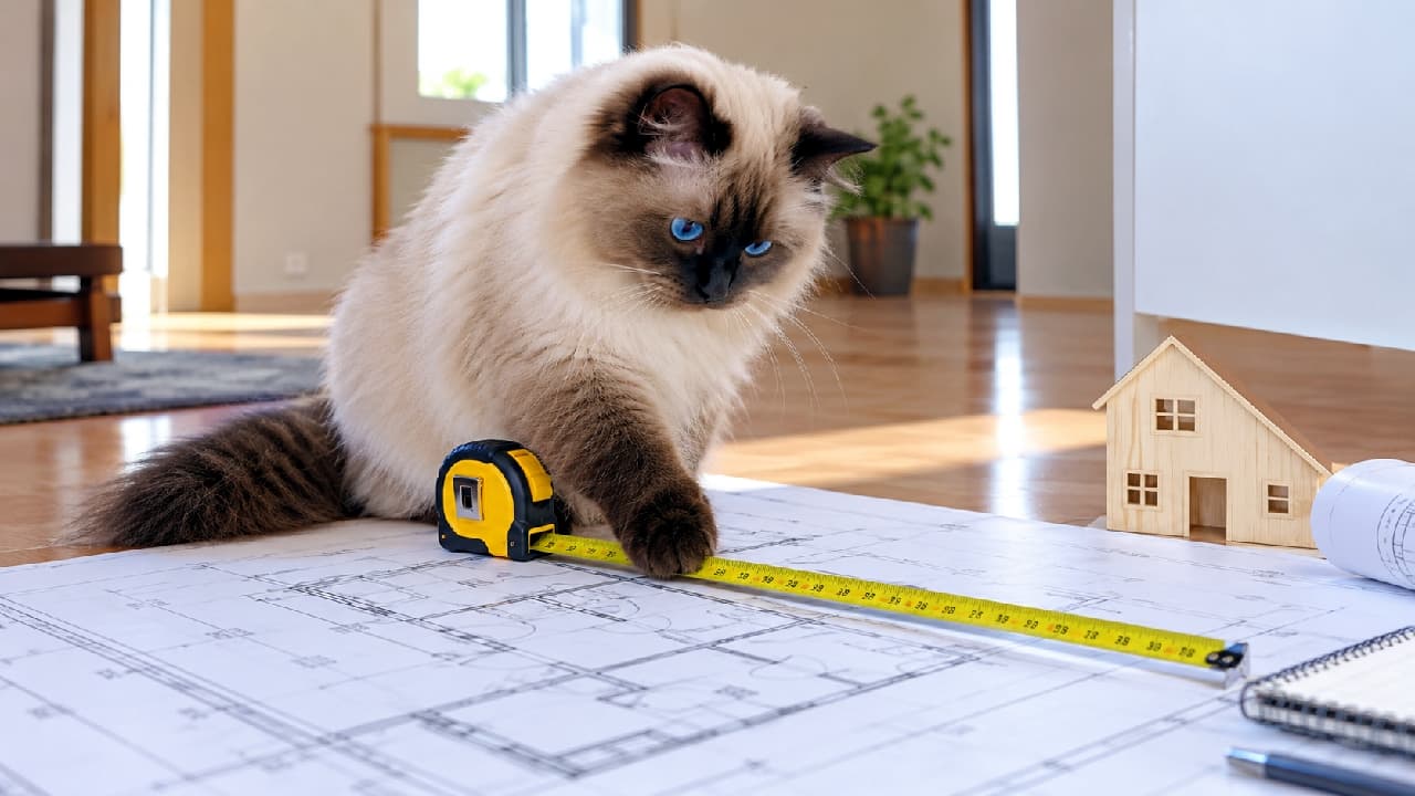 「「ふむふむ、ここの動線はバッチリだニャ📐✨」真剣なお顔で間取りをチェックする猫設計士さんにお任せ!🏠🐈」Ultra-realistic high-quality photograph of a fluffy seal bicolor Birman cat with striking sapphire blue eyes, acting as an architect. The cat is sitting on a wooden floor, pressing a yellow measuring tape onto a blueprint with its paw, next to a small wooden house model in a sunlit room. 採光豊かなフローリングの部屋で、広げられた建築間取り図の上に座るシールバイカラーのバーマン。透き通るような美しいサファイアブルーの瞳で図面を見つめ、モフモフの前足で黄色いメジャーを器用に押さえている。傍らには木製の小さな家の模型が置かれ、まるで真剣な猫の設計士のようなユーモラスで温かみのある情景