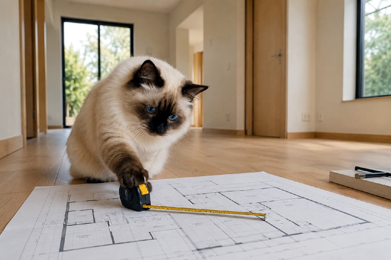「「ここの長さは…ヨシ!ピッタリだニャ🐱📏」新居の最終チェックに余念がない、頼れる現場監督さんのお仕事風景🏠✨」Ultra-realistic high-quality photograph of a fluffy seal point Birman cat with deep blue eyes, pulling a yellow measuring tape across a blueprint on the floor. The cat looks intently at the tape like a skilled craftsman, set against the background of a newly built, sunlit empty house with wooden floors and doors. 完成間近の真新しい無垢材のフローリングの廊下で、広げられた設計図に向かって前足を伸ばし、黄色いメジャーを引っ張っているシールポイントのバーマン猫。深みのあるブルーの瞳で一点を集中して見つめる職人のような表情が印象的。背景には扉や窓枠が設置されたばかりの明るい新居の空間が広がっている