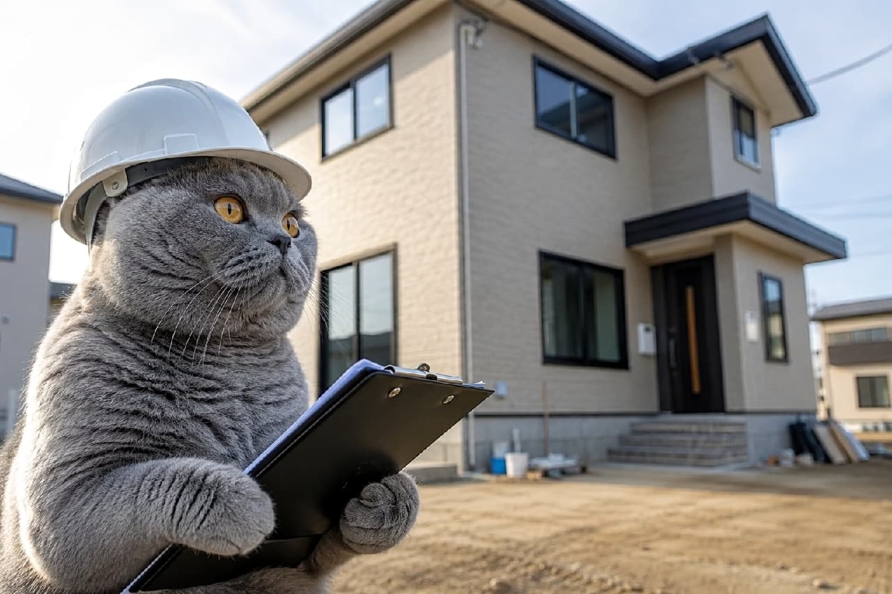 「「本日の現場、異常なしニャ!ヨシ!👷♂️🐾」真面目なお顔で新築のお家をチェックする現場監督にゃんこが頼もしすぎる✨ #猫のいる暮らし」Ultra-realistic high-quality photograph of a sturdy blue British Shorthair cat wearing a white safety helmet and holding a black clipboard. The cat stands upright with a serious expression, acting like a construction foreman, with a newly built modern detached house and a cleared dirt yard in the background. 白い安全ヘルメットを頭にかぶり、両手で黒いバインダーをしっかりと抱えて凛々しい表情で立つ、ブルー(グレー)の被毛を持つブリティッシュショートヘアの猫。背景には完成間近のモダンな新築戸建住宅と整地された土の庭が広がり、まるで真面目な現場監督が最終チェックをしているかのようなユーモラスな一枚