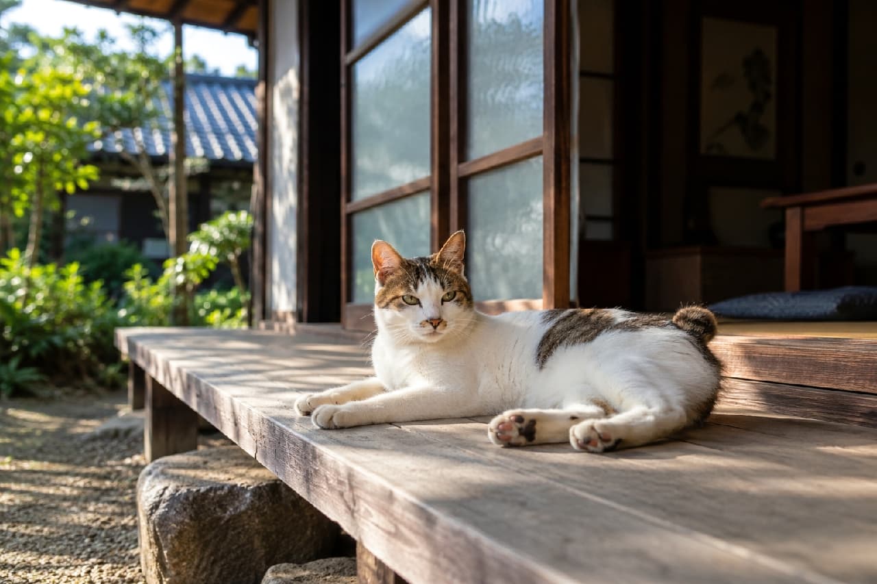 「ポカポカの縁側で、のんびりお昼寝タイムにゃんこ🍵🌿 昔ながらの日本家屋と猫の組み合わせは、最高の癒やしですね🐾 #猫のいる暮らし」Ultra-realistic high-quality photograph of a relaxed brown tabby and white cat with a short tail (Japanese Bobtail style) lying on the wooden engawa (veranda) of a traditional Japanese house. Dappled sunlight filters through the trees, casting beautiful shadows on the cat and the weathered wood, with a view of the tatami room inside. 趣のある日本家屋の木製縁側に腹ばいになり、リラックスした表情でこちらを見つめるキジ白(短尾のジャパニーズボブテイル風)の猫。庭の木々から落ちるまだらな木漏れ日が猫の柔らかな被毛や年季の入った床板に美しい陰影を作り出し、奥には障子や畳の和室が見える、ノスタルジックな風景