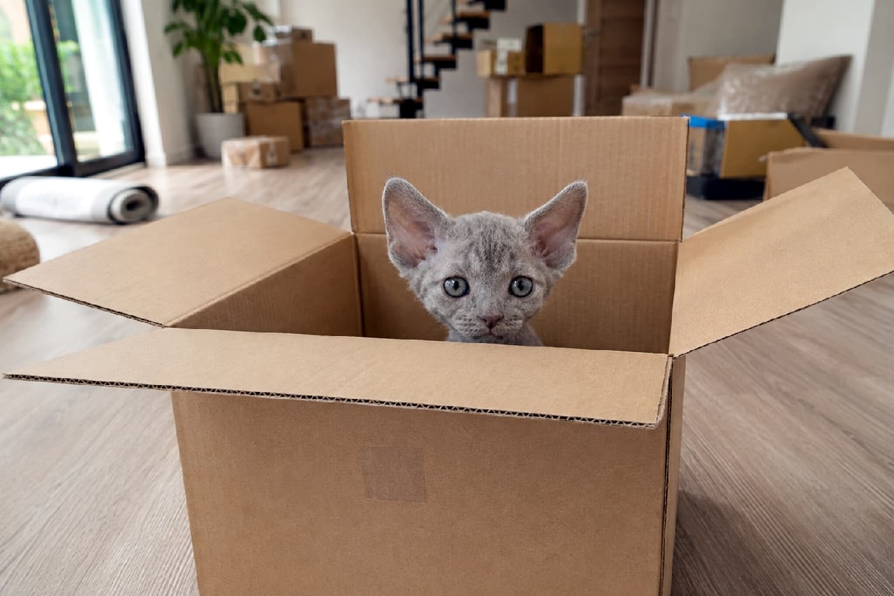 「「お引っ越しのお手伝いするニャ!📦💨」段ボールから現れた可愛いサプライズに、作業の疲れも吹き飛びますね✨」Ultra-realistic high-quality photograph of an adorable grey Devon Rex kitten with large ears and curly short fur, peeking out of a cardboard moving box. The background shows a modern home interior with an iron staircase and stacks of unpacked boxes, conveying the excitement of moving day. 新居のリビングと思われる部屋で、組み立てられた段ボール箱の中からひょっこりと顔を出すグレーのデボンレックスの子猫。大きな耳とウェーブがかった短い被毛、好奇心旺盛なクリクリの丸い瞳が特徴的。背景には荷解き前の段ボールが積まれ、奥にはモダンなアイアン階段が見える、新生活の始まりを予感させるワクワクする情景