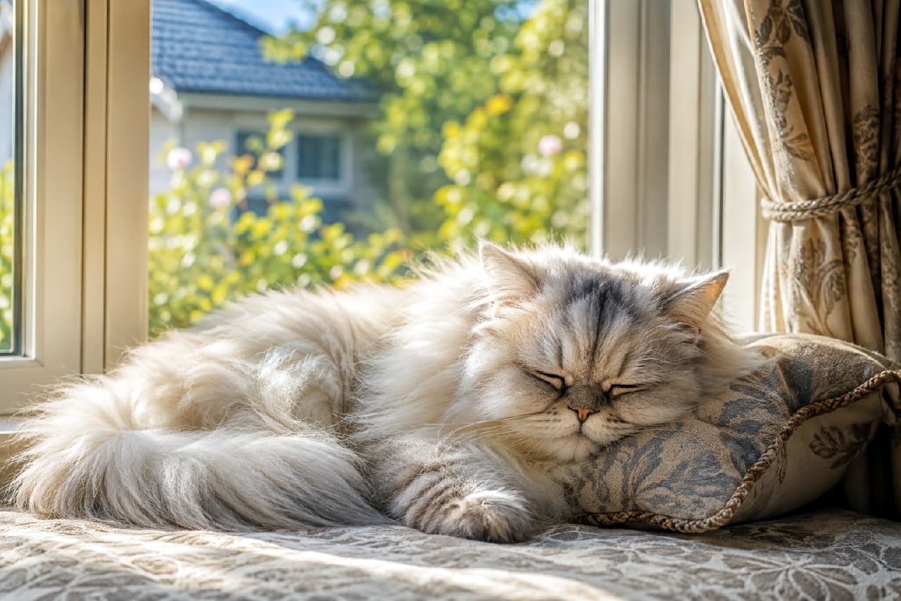「ポカポカの窓辺でスヤスヤお昼寝タイム💤 柔らかな日差しとフワフワの猫ちゃん、これぞ究極の癒やし空間ですね🌿☀️」Ultra-realistic high-quality photograph of a fluffy Chinchilla Persian cat sleeping peacefully on an elegant cushion by a bright window. The cat's luxurious silver coat is beautifully illuminated by warm natural sunlight, with a soft-focus view of a lush green garden and a neighboring detached house outside the window. 戸建て住宅の明るい窓辺に置かれたアンティーク調のクッションに顔をうずめ、気持ちよさそうに目を閉じて眠る長毛のチンチラペルシャ。ふんわりとしたシルバー系の被毛が窓から差し込む暖かな自然光に包まれて黄金色に輝き、背景の窓の外には緑豊かな庭の木々と隣の家屋が優しくボケて映っている