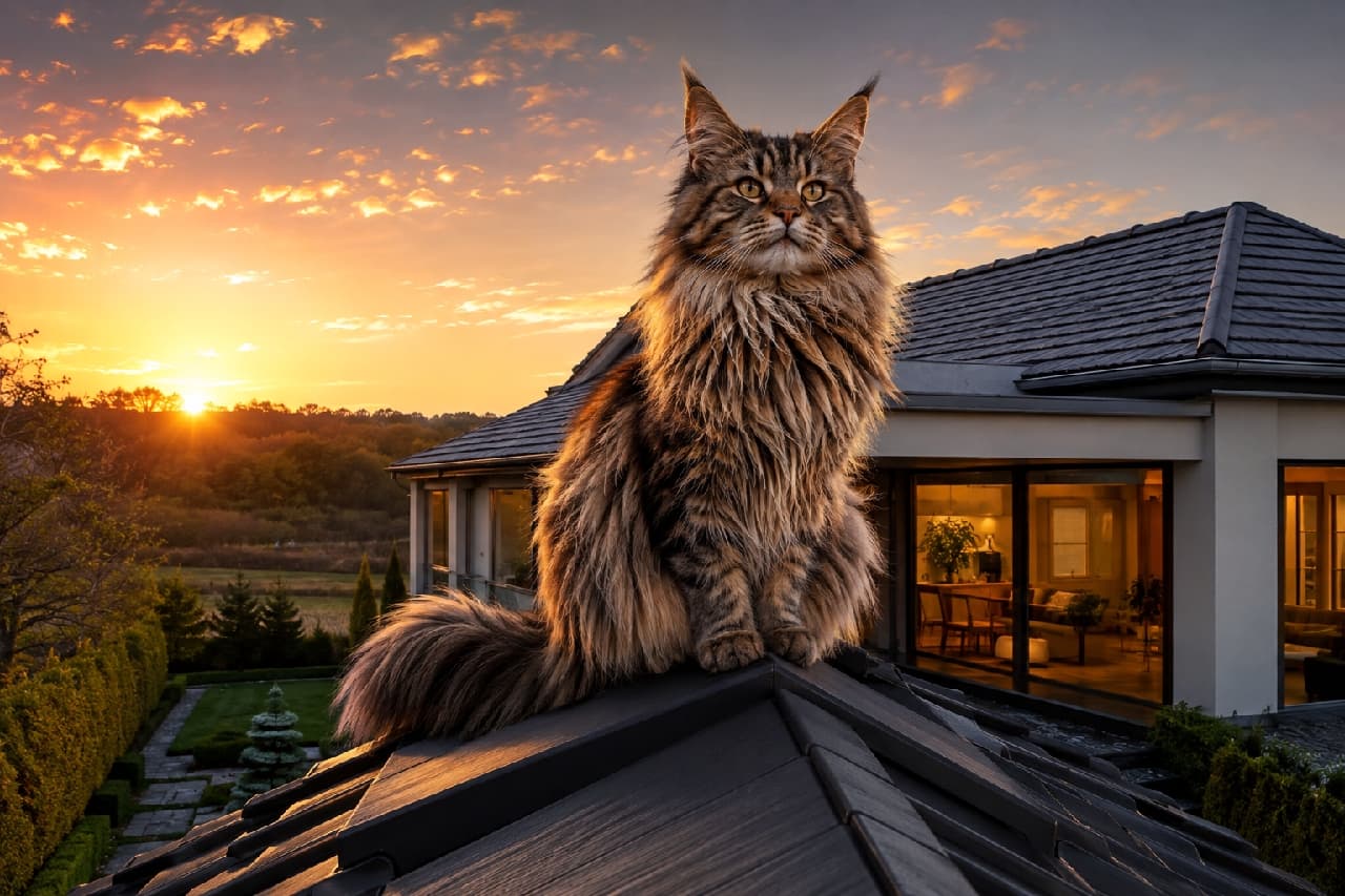 「夕日を背に屋根の上で黄昏る、王者の風格を持つメインクーン🦁✨ 窓から漏れるお家の明かりも温かいですね🏡 #猫のいる暮らし」Ultra-realistic high-quality photograph of a majestic brown tabby Maine Coon sitting on the tiled roof of a detached house against a stunning golden sunset sky. The cat's rich, long fur is backlit by the setting sun, with warm lights glowing from the living room windows in the background. 黄金色に染まる美しい夕焼け空を背景に、戸建住宅の黒い瓦屋根の上に鎮座するブラウンタビーのメインクーン。風にふわりと揺れる豊かな長毛のシルエットが逆光で浮かび上がり、背後には暖かな明かりが灯るリビングの窓と広大な自然の風景が広がっている、ドラマチックな一枚