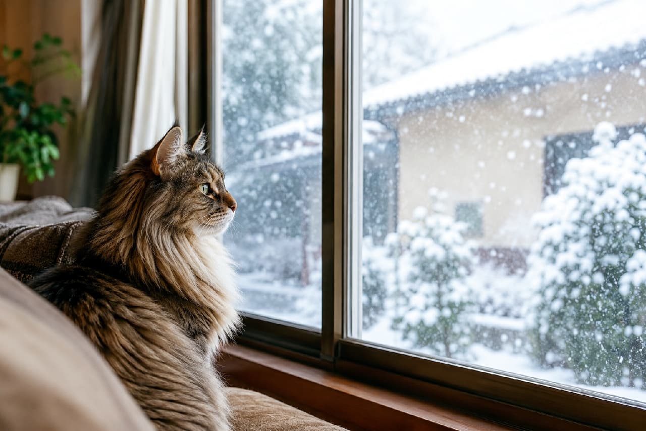 「「お外、まっしろだニャ🐾」暖かいお部屋から雪景色を特等席で楽しむ時間。冬のおうち時間は最高ですね☕️❄️ #猫のいる暮らし」Ultra-realistic high-quality photograph of a fluffy brown tabby and white long-haired Norwegian Forest Cat sitting by a large glass window, gazing out at the falling snow. The contrast between the cold, snowy exterior with a neighboring house and the warm, cozy indoor atmosphere highlights the cat's luxurious coat. 暖かな室内のソファの背もたれに座り、大きなガラス窓から外の雪景色を静かに見つめるブラウンタビー&ホワイトのノルウェージャンフォレストキャット。外は雪が舞い隣の家や庭木が白く染まる寒々しい情景に対し、猫のフワフワな被毛と室内の柔らかな光が対照的な、冬の心地よい空間