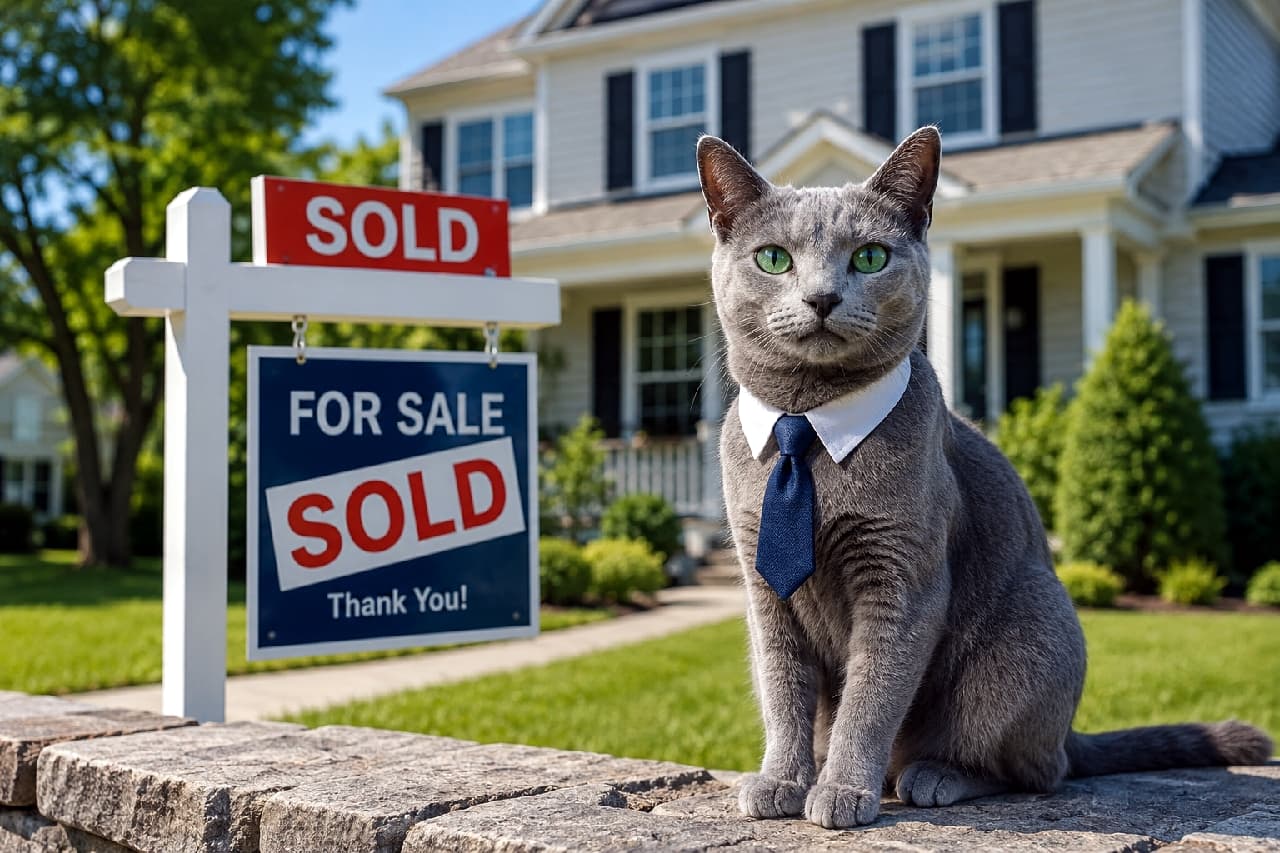 「「こちらの物件、無事に売却完了ニャ!🤝🏡」ネクタイ姿がキマってる凄腕エージェントにゃんこ💼✨」Ultra-realistic high-quality photograph of a Russian Blue cat with striking green eyes, wearing a white collar and navy tie, sitting upright on a stone wall. In the brightly lit background, a beautiful suburban detached house with a "SOLD" real estate sign and a lush green lawn can be seen under a clear blue sky. 鮮やかなグリーンの瞳と美しいブルーグレーの被毛を持つロシアンブルー風の猫が、白い襟付きのネクタイを締めて石垣の上に凜と座っている姿。背景には「SOLD」の看板が立つアメリカ郊外風の立派な戸建て住宅と美しい緑の芝生が広がり、晴天の自然光が猫の知的な表情を引き立てている