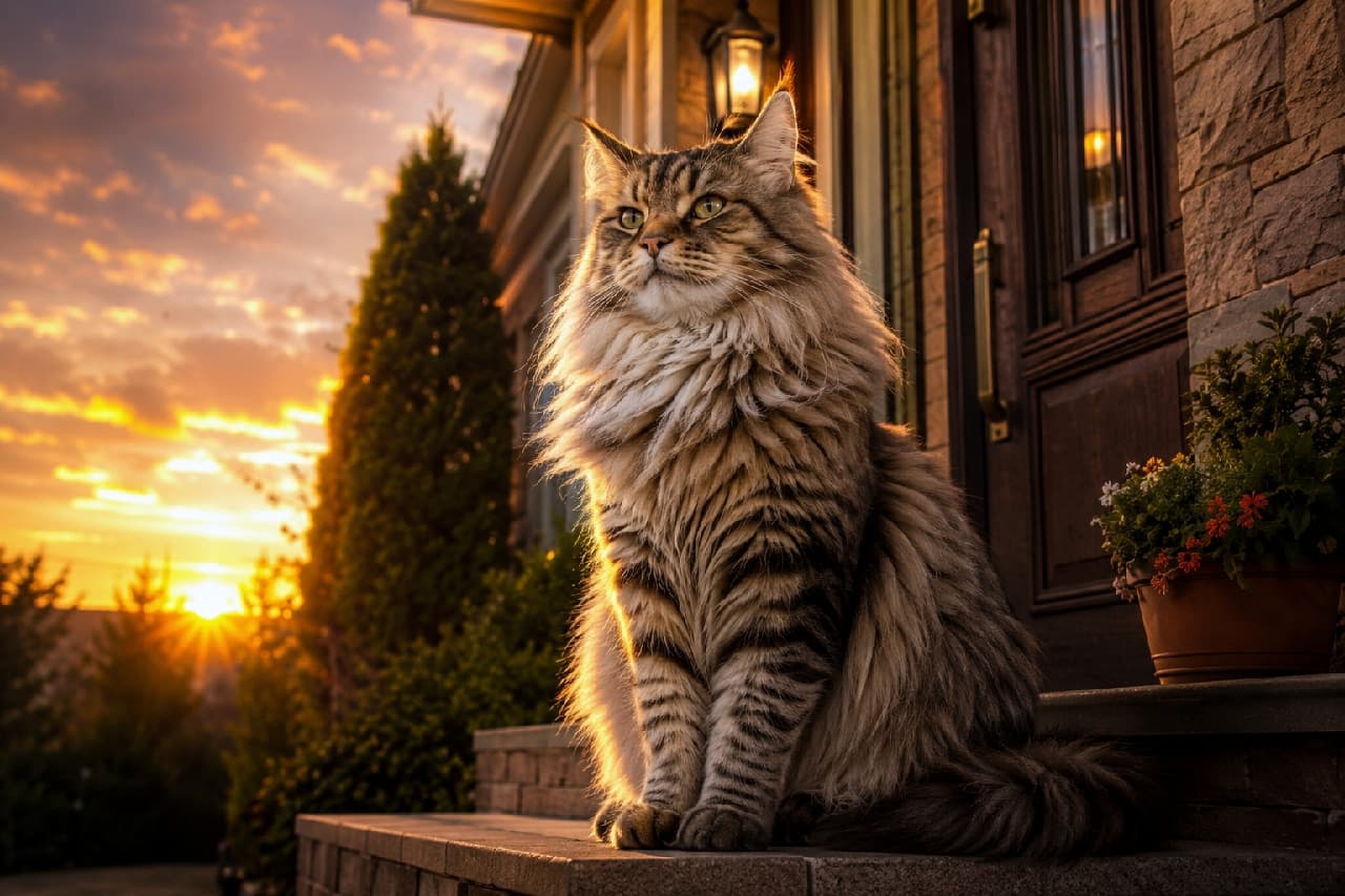 「「この家はアタシが守るニャ!」🦁✨ 夕日を背に玄関でお出迎えしてくれる頼もしい家主さん。こんな素敵なお家に帰りたいですね🏠🌇」Ultra-realistic high-quality photograph of a majestic brown tabby Siberian cat sitting proudly on the front steps of a detached house at sunset. The dramatic golden backlight beautifully illuminates its thick, long fur, while its sharp emerald green eyes look into the distance. Framed by a heavy wooden door and a warm porch light, the scene exudes a sense of security and luxury. 黄金色の美しい夕焼け空を背景に、戸建住宅の玄関ステップに誇り高く鎮座するブラウンタビーのサイベリアン。逆光のドラマチックな光(リムライト)が豊かな長毛を輝かせ、凛としたエメラルドグリーンの瞳が彼方の景色を見つめている。背後にある重厚な木製ドアと温かな玄関灯が、安心感と邸宅の高級感を演出している一枚