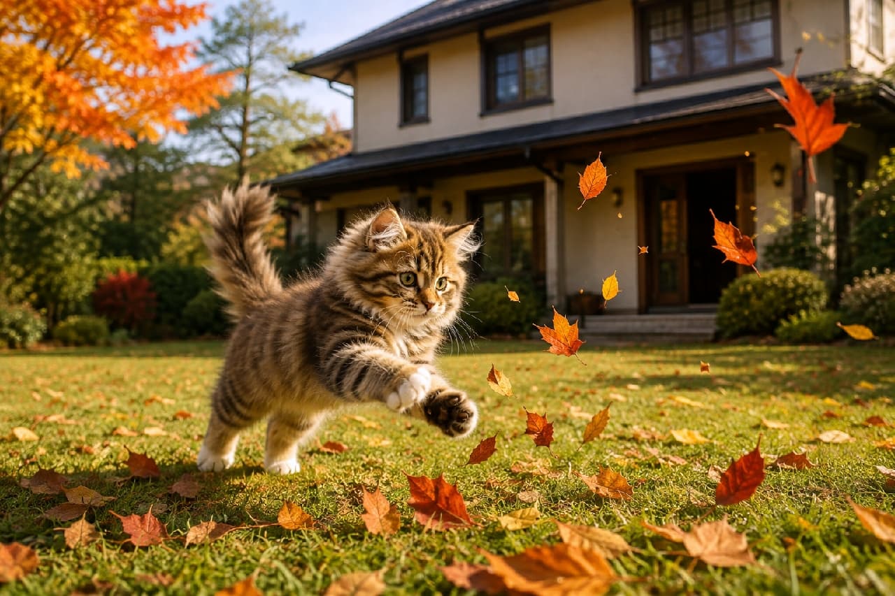 「「えいっ!つかまえるニャ!」🍂 秋のお庭は楽しい遊び場がいっぱい!元気な大ジャンプに元気をもらえますね🍁🐾 #猫のいる暮らし」Ultra-realistic high-quality photograph of a playful, fluffy brown tabby Siberian kitten pouncing mid-air to catch falling red and orange autumn leaves in a spacious, sunlit grassy yard. A beautiful two-story detached house is visible in the background, surrounded by vibrant autumn foliage. 紅葉した木々が美しい戸建の広い芝生の庭で、宙に舞う赤やオレンジの落ち葉に向かって元気いっぱいにダイブする、ブラウンタビーのサイベリアンの子猫。前足を大きく伸ばし、瞳を輝かせる躍動感あふれる瞬間が捉えられており、背景には秋の柔らかな日差しを受ける二階建ての家が写り込んでいる