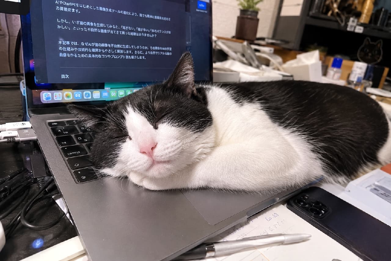 「「今日のお仕事はおしまいにゃ!」💻🚫 パソコンを占領されちゃったけど、可愛いから許す😂💕 #猫あるある #テレワークと猫 #タキシード猫 #猫好きさんと繋がりたい #ハチワレ #猫のいる暮らし」Ultra-realistic high-quality photograph of an adult black and white tuxedo cat sleeping comfortably right on top of an open laptop keyboard on a realistic, messy desk. 画面が開いてテキストが表示されたままのノートパソコン(MacBook)のキーボードの上に大胆に寝そべり、目を閉じて気持ちよさそうに眠っている大人の黒白ハチワレ猫(ミックス)の高画質写真。ピンク色のお鼻と、あごをキーボードに乗せたリラックスしたポーズが愛らしいです。周囲にはケーブル、ペン、スマートフォンなどが散らばり、リアルなデスクワークの生活感が表現されています