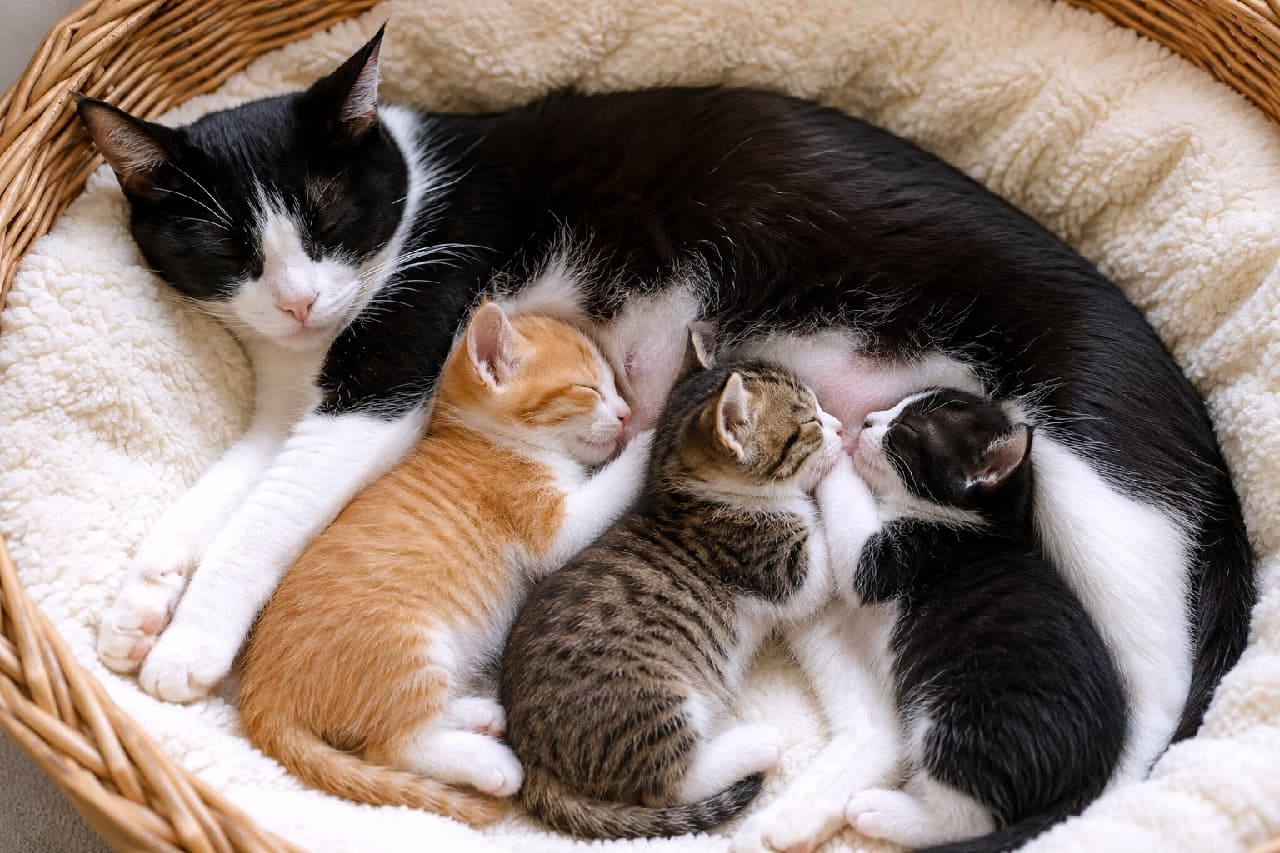 「ママの温もりが一番のベッド🍼💤 色とりどりの子猫たちがぴったり寄り添う姿に癒やされますね🥺💖 #猫の親子 #保護猫 #猫好きさんと繋がりたい #子猫 #ハチワレ #子猫のいる暮らし」Ultra-realistic high-quality photograph of a black and white tuxedo mother cat sleeping peacefully in a wicker basket lined with white fleece, nursing three adorable kittens (orange tabby, brown tabby, and black and white). ふわふわの白いフリースが敷かれた籐のカゴの中で、黒白ハチワレの母猫に寄り添いながら眠る3匹の子猫(茶トラ白、キジ白、黒白ハチワレ)の高画質写真。お乳を飲みながら幸せそうに目を閉じる子猫たちの穏やかな寝顔と柔らかな被毛の質感が、母性の温もりと安心感を伝えます