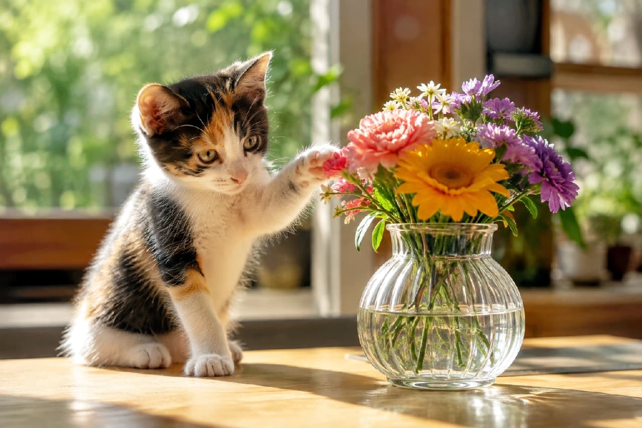 「「これはにゃに?」🌸🐾 お花にそっと手を伸ばす姿が、まるで絵画みたいに綺麗ですよね✨ #三毛猫 #花と猫 #猫好きさんと繋がりたい #子猫 #ハチワレ #子猫のいる暮らし」Ultra-realistic high-quality photograph of a curious calico kitten sitting on a wooden table in front of a sunlit window, gently reaching its paw towards vibrant colorful flowers in a clear ribbed glass vase. 太陽の光が優しく差し込む窓辺の木製テーブルで、透明なガラス花瓶に生けられたピンク、黄色、紫の鮮やかなお花にそっと右前足を伸ばしている三毛(ミックス)の子猫の高画質写真。好奇心旺盛な瞳と、光に透ける柔らかな産毛、美しいお花のコントラストが春らしい情景