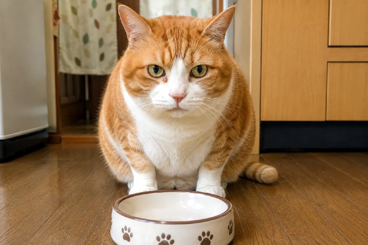 「「空っぽなんですけど…?」🍚😾 ご飯への無言の圧が強すぎる!笑 食いしん坊な姿も愛おしい😂 #茶白猫 #腹ペコ猫 #猫のいる生活 #猫好きさんと繋がりたい #ハチワレ #猫のいる暮らし」Ultra-realistic high-quality photograph of a slightly chubby orange and white cat sitting on a wooden floor, staring intensely at the camera behind an empty food bowl with a paw print design, demanding a meal. フローリングの床に置かれた肉球柄の空のフードボウルの前に座り、不満げな表情でジッとこちらを見つめている、少しふくよかな茶白(ミックス)の猫の高画質写真。背景には生活感のあるキッチンが写り込んでおり、ご飯を待ちわびる猫の強い意志を感じさせます