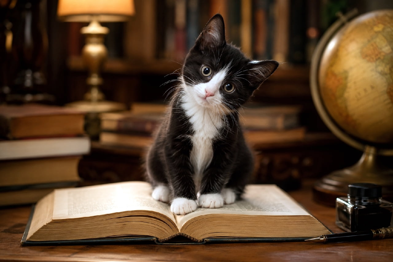 「「一緒にお勉強する?」📖🐾 書斎の小さな妖精さんみたいでお利口さんなお顔がたまりません🎓✨ #猫と本 #アンティーク #猫好きさんと繋がりたい #子猫 #ハチワレ #子猫のいる暮らし」Ultra-realistic high-quality photograph of a curious black and white tuxedo kitten tilting its head while sitting on an open vintage book. The cozy, antique study background features old books, a globe, an inkwell, and a warm desk lamp, creating a classic and magical atmosphere. アンティーク調の書斎で、開かれた古い洋書の上にちょこんと座り、可愛らしく首をかしげている黒白のハチワレ子猫(ミックス)の高画質写真。大きな丸い瞳でカメラを見つめる表情が知的で愛らしいです。背景には革張りの本、地球儀、インク瓶と万年筆、暖かな光を放つランプが配置され、魔法的でクラシックな世界観を表現しています