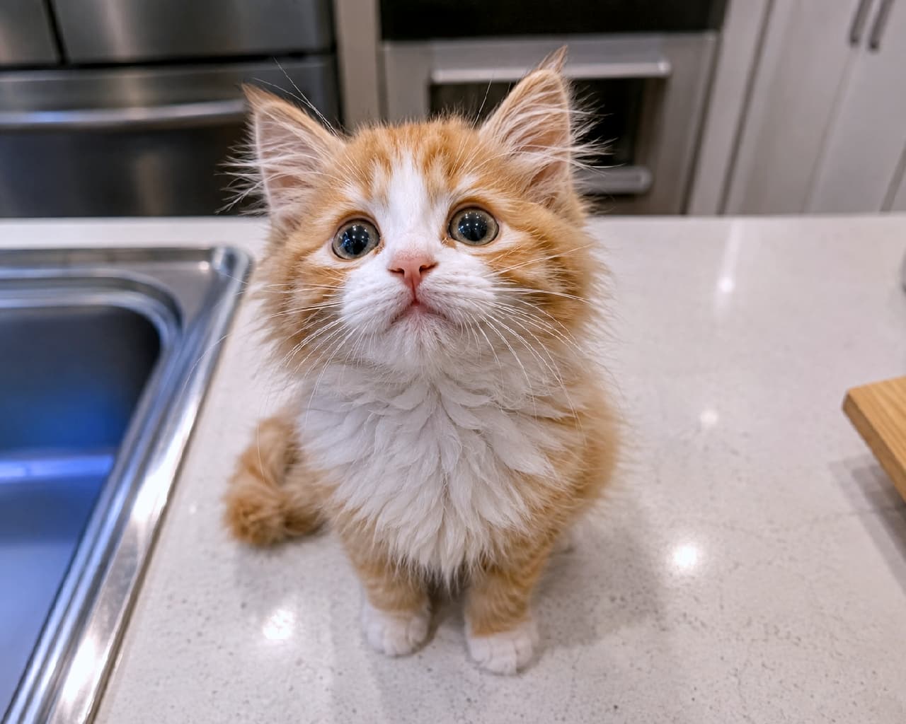「そんなおめめで見つめられたら、おやつあげるしかないよね🥺🍖 フワフワの胸毛がゴージャス✨ #長毛猫 #上目遣い #あざと可愛い #茶白猫 #猫好きさんと繋がりたい #子猫 #ハチワレ #子猫のいる暮らし」Ultra-realistic high-quality photograph of a fluffy orange and white long-haired kitten sitting on a white kitchen counter, looking up directly at the camera with big, captivating round eyes. キッチンの白い人工大理石カウンターの上にちょこんと座り、上目遣いでカメラをじっと見つめる長毛種の茶白ハチワレ子猫の高画質写真。ライオンのたてがみのような首周りのゴージャスな白い飾り毛、ビー玉のように澄んだ大きな丸い瞳、淡いピンクの鼻が特徴的です。背景にはシンクやキッチンのキャビネットが適度にボケて写り込んでいます