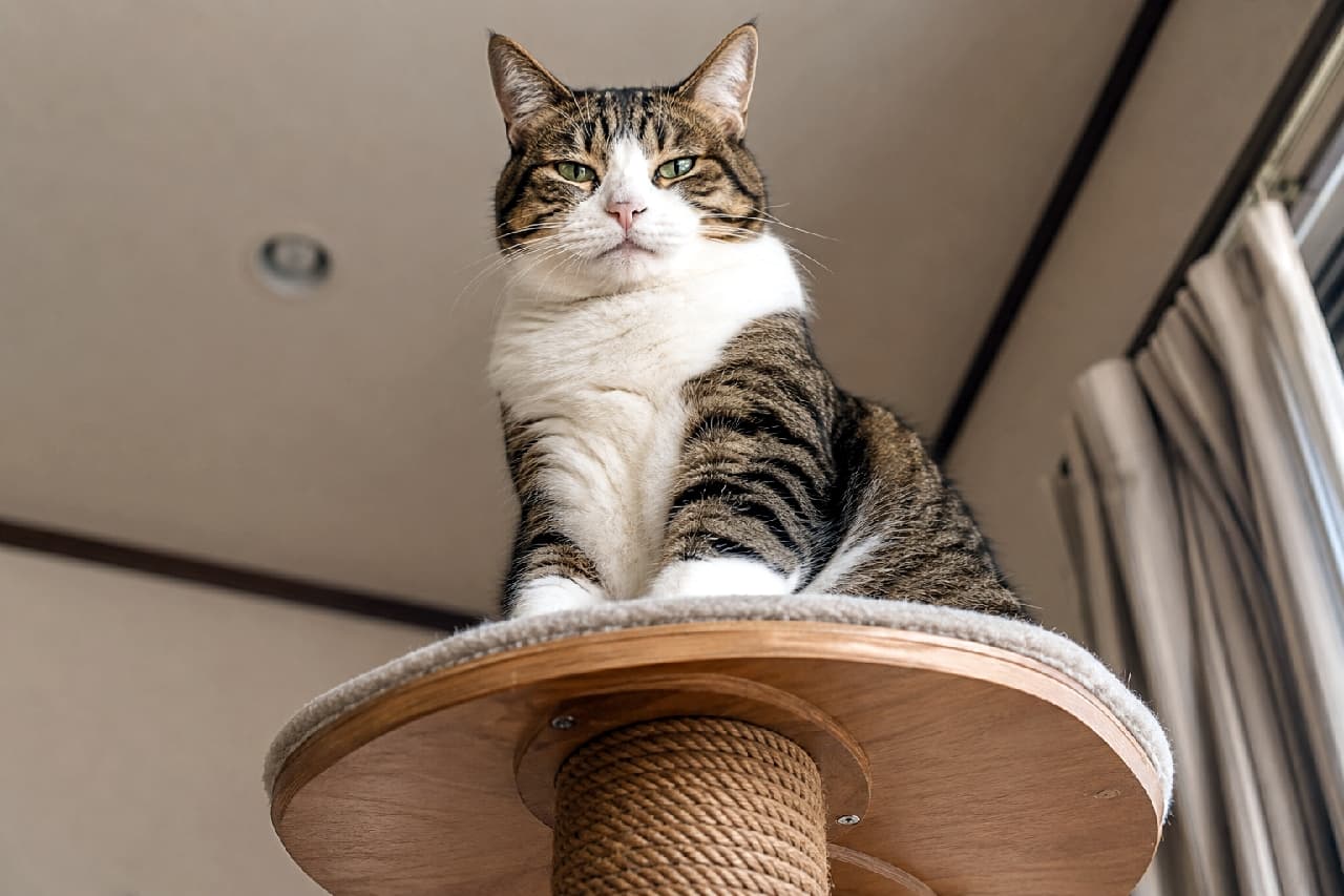 「下々を見下ろすキャットタワーの王様👑 このドヤ顔で見つめられたら、おやつを貢ぐしかありません😂 #キジ白 #ボス猫 #見下ろしショット #猫好きさんと繋がりたい #ハチワレ #猫のいる暮らし」Ultra-realistic high-quality photograph of a majestic, slightly chubby tabby and white adult cat sitting on the top tier of a cat tree, looking down at the camera with a boss-like, confident expression. Shot from a low angle to emphasize its dominance. キャットタワーの最上段の丸いステージにどっしりと座り、見下ろすようにカメラを見つめる恰幅の良いキジ白(ミックス)の成猫の高画質写真。あごの下の豊かな白い胸毛と、王者のような貫禄ある不敵な表情が魅力的です。下からのローアングルで撮影されており、猫の威厳と存在感がより強調されています