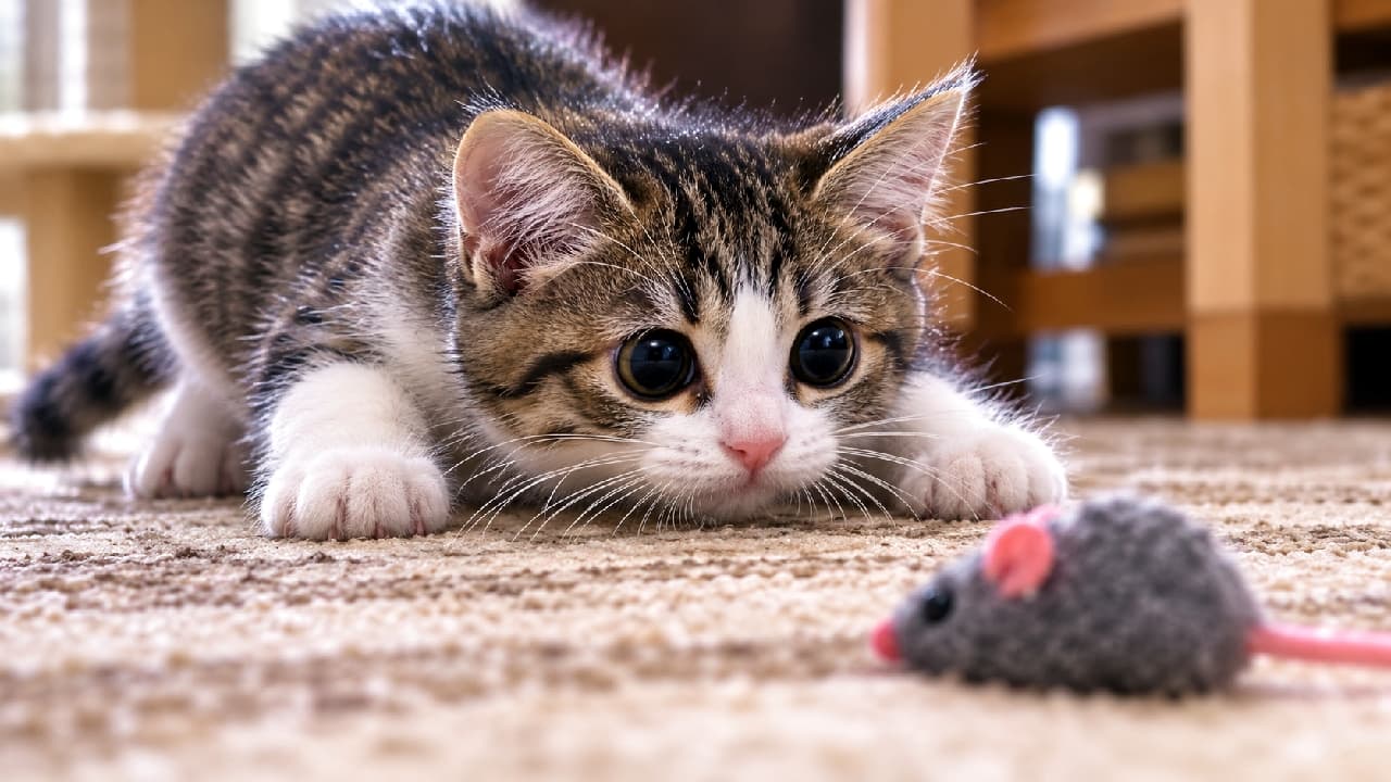 「狙いを定めて…おしりフリフリ発射準備完了!🐈💨 真剣なお顔がたまらないですよね🥺💖 #キジ白 #猫のおもちゃ #猫好きさんと繋がりたい #子猫 #ハチワレ #子猫のいる暮らし」Ultra-realistic high-quality photograph of a tabby and white kitten crouching low on a beige carpet, intensely stalking a grey toy mouse with wide, focused eyes. ベージュのカーペットの上で、グレーのネズミのおもちゃを真剣な丸い瞳で見つめ、今にも飛びかかろうと身を低くして狙いを定めるキジ白子猫の高画質写真。ピンと張ったヒゲや、力強く踏ん張る白い前足が狩猟本能を感じさせます