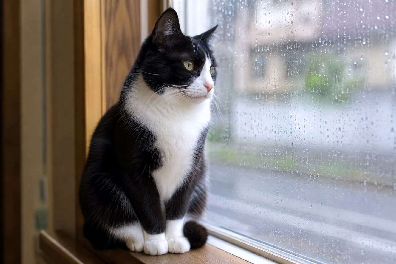 「雨の日はおうちでまったりにゃ🐾 外の景色に夢中な横顔がたまらないですよね🥺✨ #ハチワレ #猫のいる暮らし #雨の日の過ごし方」Ultra-realistic high-quality photograph of a black and white tuxedo cat sitting gracefully by a window covered in raindrops, looking outside thoughtfully. The soft, natural light of a rainy day highlights the cat's smooth fur and clear yellowish-green eyes. 美しい黒白のハチワレ模様を持つミックス猫が、雨粒のついた窓ガラス越しに外を静かに見つめている高画質写真。ピンと立った耳、澄んだ黄緑色の目、きれいに揃えられた前足が優雅な印象を与えます。しっとりとした雨の日の青みがかった自然光が、猫の柔らかな被毛の質感を際立たせています