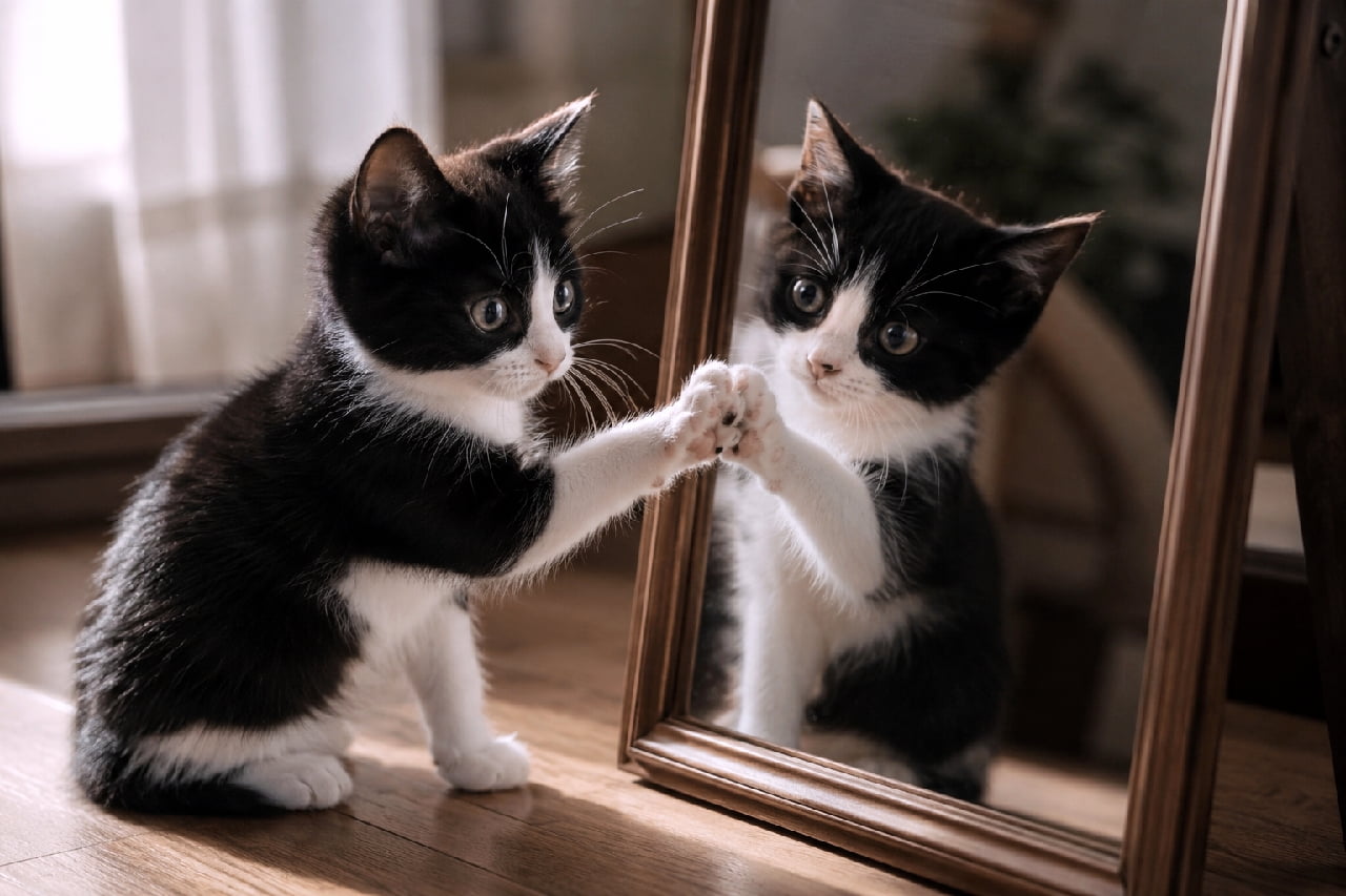 「「あなたはだぁれ?」🪞✨ 鏡の中のお友達にご挨拶する姿が尊すぎる…!🥰 🐾 #子猫 #ハチワレ #鏡越し #猫のいる暮らし」Ultra-realistic high-quality photograph of an adorable black and white tuxedo kitten touching its paw against a wooden framed mirror. The warm sunlight illuminates its fluffy fur and big round eyes. Note: There is an AI generation error in the reflection's angle and paw placement. 木製フレームの鏡に向かって右前足を伸ばし、鏡に映る自分と肉球を合わせている黒白のハチワレ子猫(ミックス)の高画質写真。まん丸の瞳で不思議そうに見つめるあどけない表情と、フワフワの毛並みが魅力的です。暖かい太陽の光が差し込むフローリングの部屋で撮影されていますが、AI生成のため鏡の中の猫の顔の角度や前足の接地面に物理的なズレが生じています