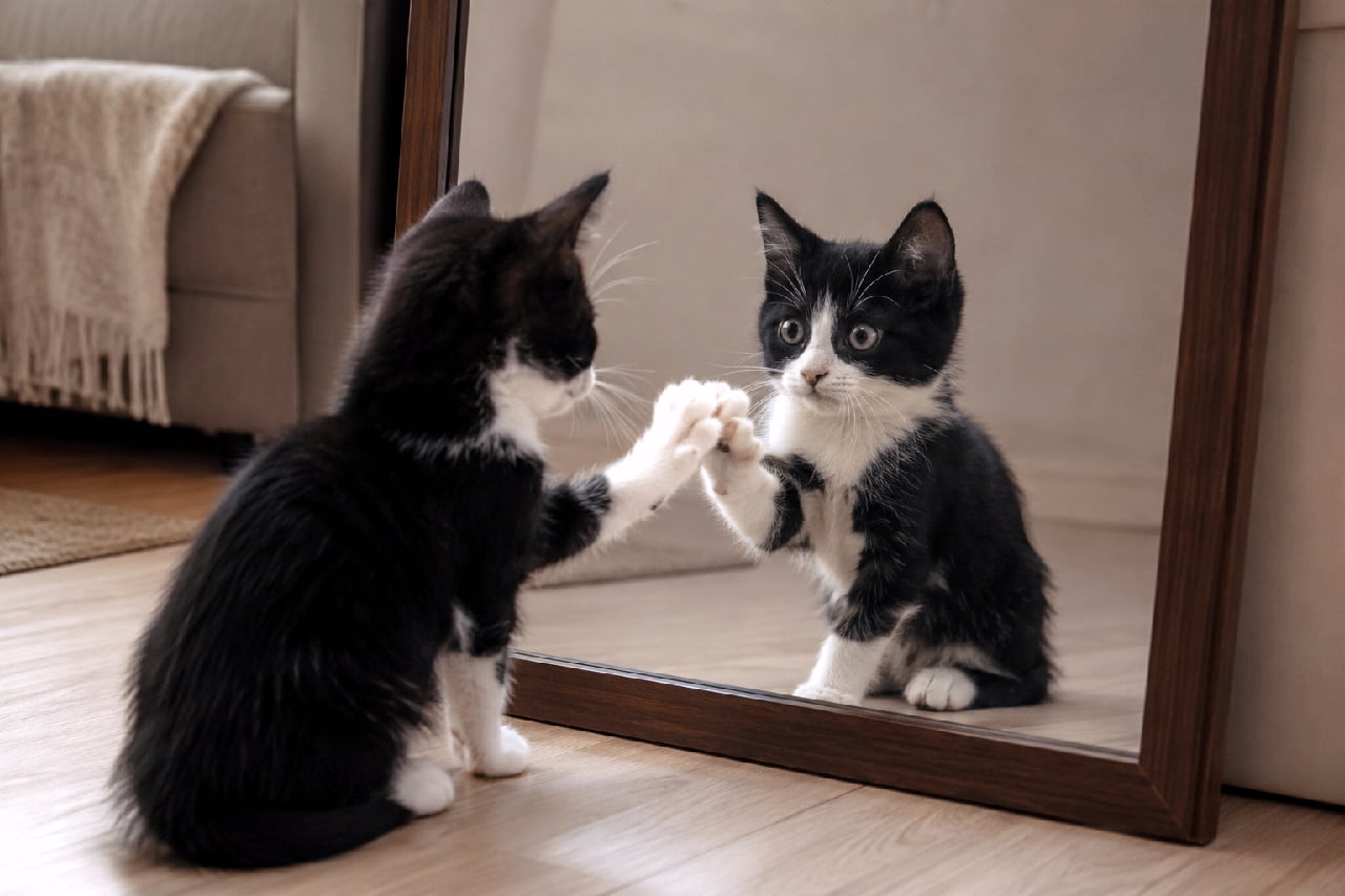 「「ねえねえ、きみはだぁれ?」🐾✨ 鏡の中のお友達に興味津々な後ろ姿がたまらなくキュートですよね🥺💖 #鏡越し #猫好きさんと繋がりたい #子猫 #ハチワレ #鏡越し #子猫のいる暮らし」Ultra-realistic high-quality photograph of a black and white tuxedo kitten sitting in front of a large wooden mirror, gently touching its right paw to its own reflection. 木製フレームの大きな鏡の前に座り、鏡に映る自分自身の姿に右前足をそっと合わせている黒白のハチワレ子猫の高画質写真。ピンと立った耳、好奇心旺盛な大きな丸い瞳、フワフワした背中の毛並みが愛らしく描写されています。背景にはソファやラグなど、落ち着いたトーンのインテリアが配置され、日常の穏やかなひとときを演出
