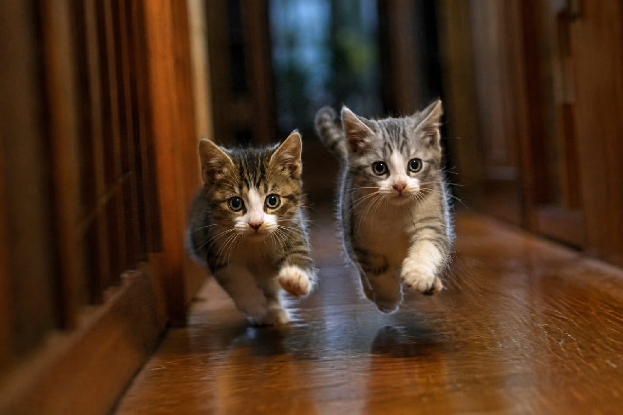 「「ごはんの時間だにゃー!」🐈💨 🐾 全力疾走で駆け寄ってくる姿がたまらなく愛おしいですよね🥺💕 #キジ白 #サバ白 #ダッシュ猫 #猫好きさんと繋がりたい #子猫 #ハチワレ #子猫のいる暮らし」Ultra-realistic high-quality photograph of two energetic kittens (a brown tabby and white, and a silver tabby and white) running at full speed towards the camera down a polished wooden hallway, with their front paws caught mid-air. 薄暗く奥行きのある磨き上げられた木の廊下を、カメラに向かって並んで全力で走ってくるキジ白と灰白(シルバータビー&ホワイト)の子猫の高画質写真。宙に浮いた前足、真剣な丸い瞳、背景の美しいボケ感が、弾けるような躍動感と生命力を演出
