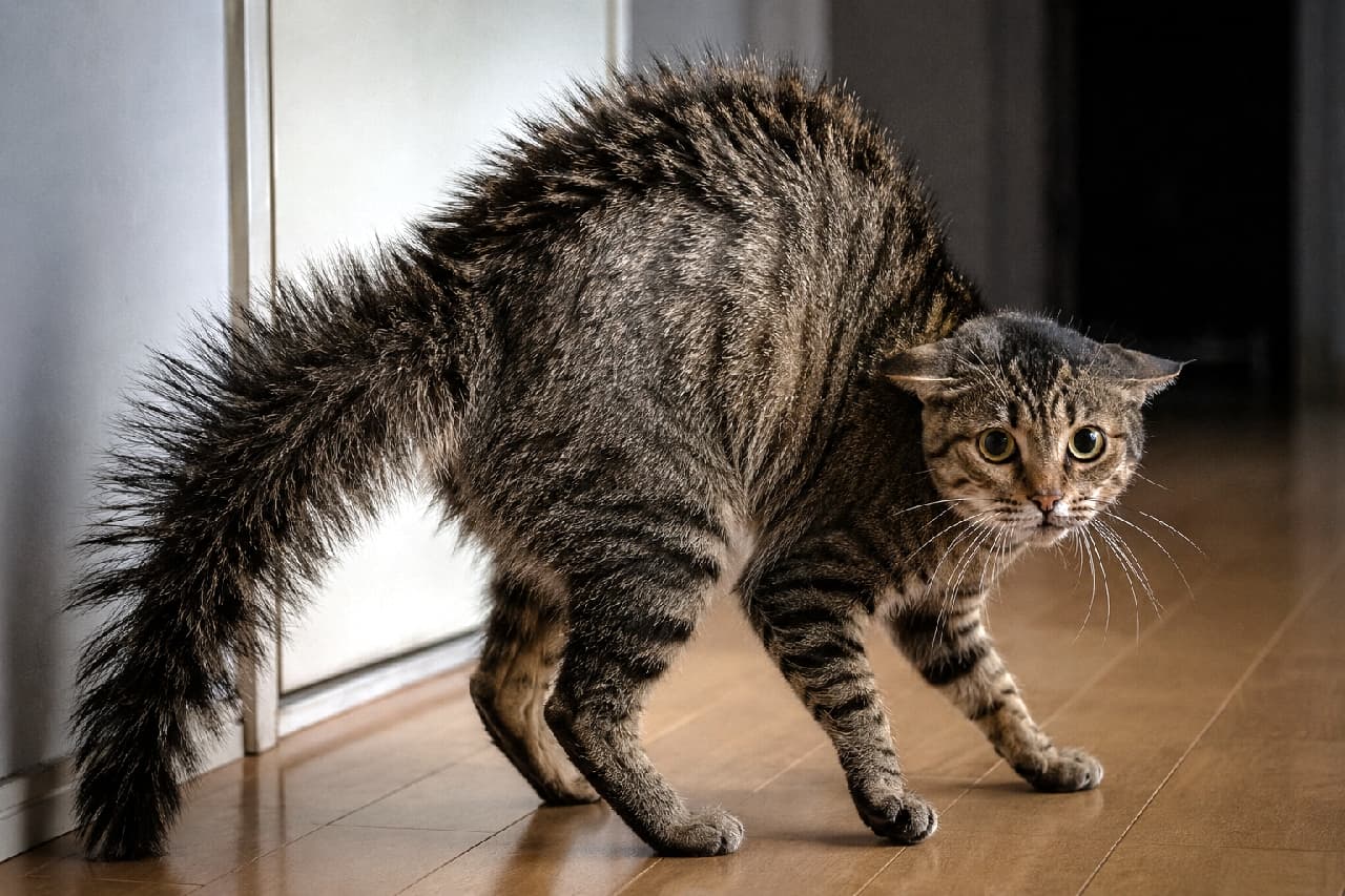 「出たー!怒りのタヌキしっぽ&完全なイカ耳発動中🙀💥何にそんなに驚いてるの?緊迫感が伝わる一枚です💦 #キジトラ #威嚇ポーズ #猫のしっぽ #にゃんすたぐらむ #猫のいる暮らし」Ultra-realistic high-quality photograph of a brown tabby cat in a dimly lit hallway, displaying a classic defensive posture with an arched back, flattened ears, and a fully puffed-up tail standing on end, capturing a moment of extreme tension and fear. 薄暗い廊下で、極度の警戒心から背中を高く丸め、全身の毛としっぽを極限まで逆立てて威嚇するキジトラ猫の超高画質写真。完全に横に倒れたイカ耳、大きく見開かれた瞳、フローリングに落ちる濃い影が、緊迫した瞬間の防衛本能をドラマチックに捉えています