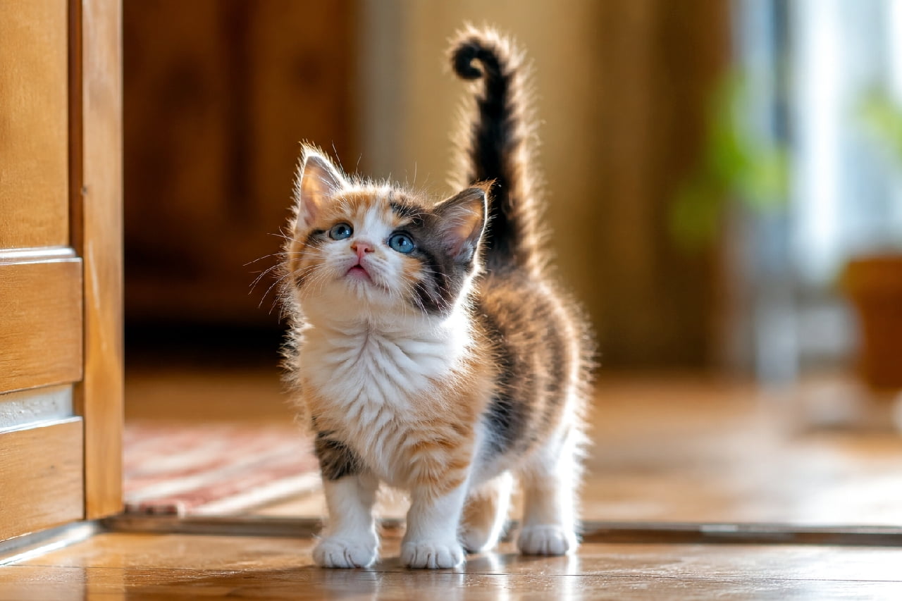 「しっぽの先が「?」になってるの反則級の可愛さ🥺💕何に興味津々なのかな?🐾 #子猫 #三毛猫 #猫のいる暮らし」Ultra-realistic high-quality photograph of a tiny fluffy calico kitten standing on a wooden floor, looking up in wonder with its tail straight up and curled at the tip, bathed in warm, soft indoor sunlight. 暖かな日差しが差し込む部屋で、しっぽの先をくるんと曲げて見上げる三毛猫の子猫の超高画質写真。透き通るような青い瞳、ふわふわとした子猫特有の被毛の質感、木の床に反射する柔らかな光と背景のボケ感がエモーショナルに表現されています