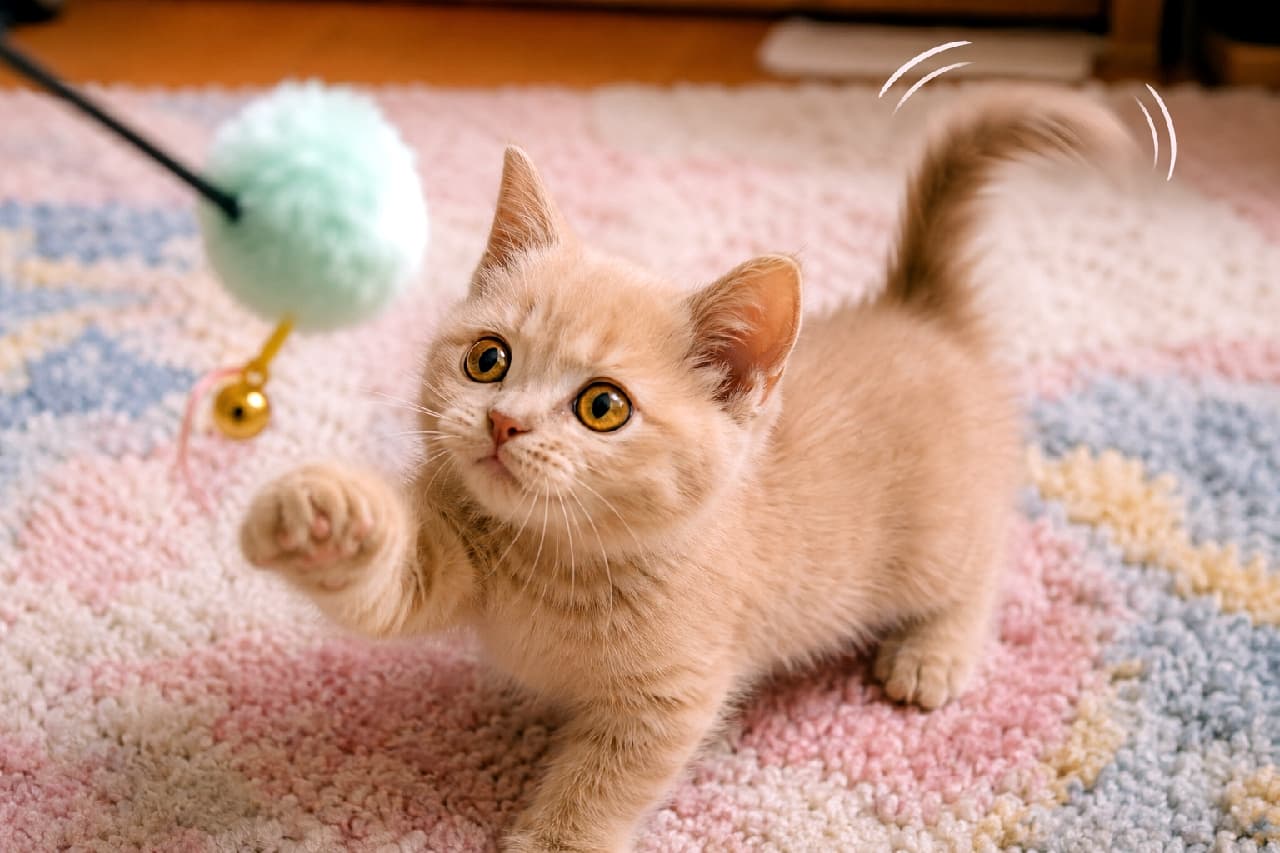 「狙いを定めて…えいっ!🐈💨ミント色のおもちゃに大興奮でしっぽがブルブルしちゃうの、愛しすぎる🥰 #子猫 #フォーンカラー #猫のいる暮らし」Ultra-realistic high-quality photograph of an adorable fluffy fawn-colored kitten looking intently at a mint green pom-pom toy, with one paw raised and its tail quivering with excitement on a colorful rug. ミントグリーンのポンポンのおもちゃを見つめ、前足をちょこんと上げるフォーンカラーの子猫の超高画質写真。遊びへの期待でピンと立てられ細かく震えるしっぽ、真剣でキラキラした琥珀色の瞳、背景のカラフルなラグと木の床の温かみが魅力的に表現されています