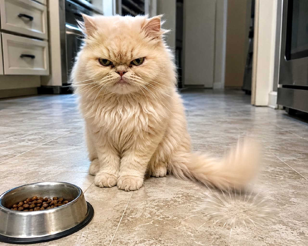 「「ご飯これだけ?信じられないニャ」😾💢お怒りモードでしっぽパタパタ!不機嫌なお顔もたまらなく愛おしいですよね💕 #ペルシャ猫 #猫の表情 #猫のしっぽ #子猫 #にゃんすたぐらむ #猫のいる暮らし」Ultra-realistic high-quality photograph of a grumpy fluffy cream Persian-style cat sitting on a tiled kitchen floor next to a partially empty food bowl. The cat is glaring at the camera while vigorously thumping its tail, emphasized by a circular motion blur effect. キッチンのタイル床に座り、強烈に不機嫌そうな表情でカメラを睨みつける淡いクリーム色のペルシャミックス子猫の超高画質写真。手前にはキャットフードが少しだけ残ったステンレスボウルがあり、不満からしっぽを床に激しくパタパタと叩きつける動きが、円形のブレエフェクトで強調