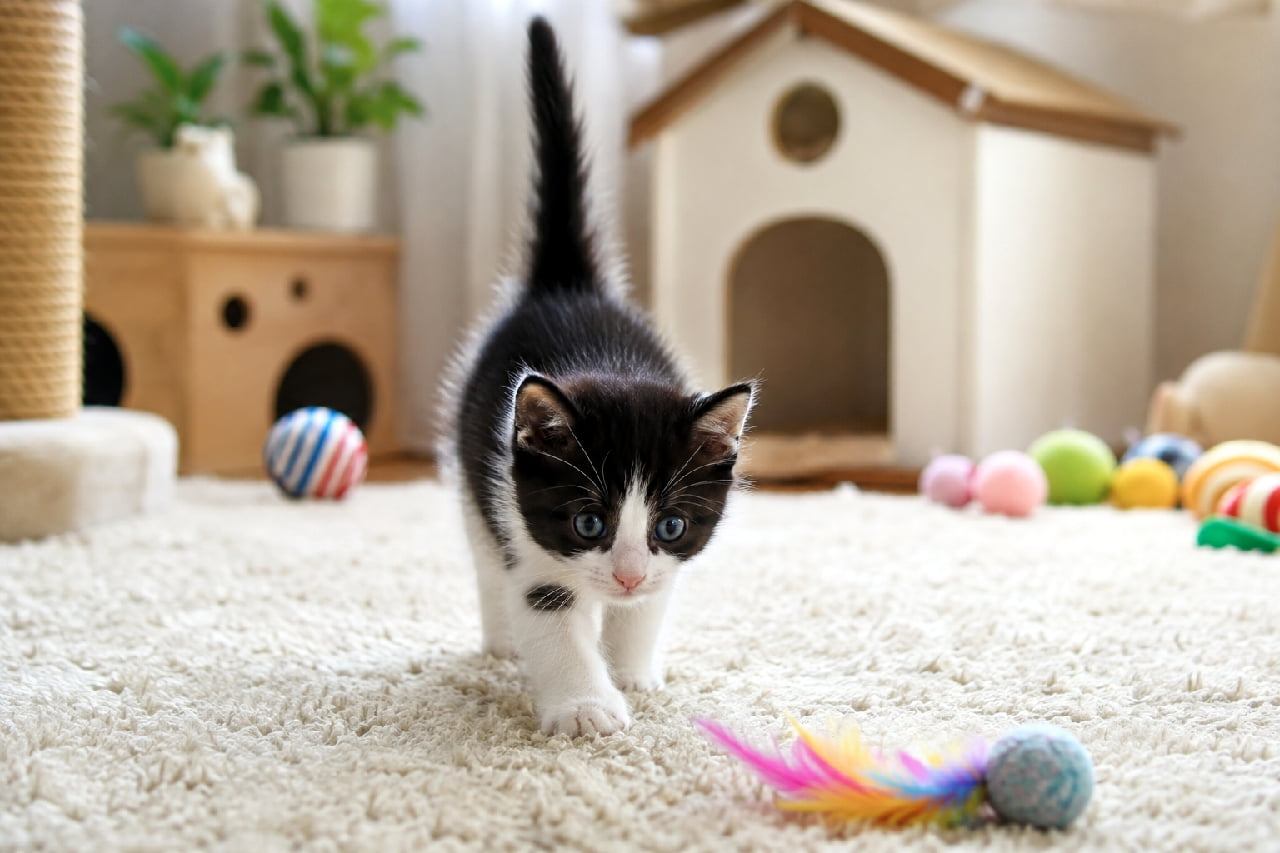 「おもちゃめがけて一直線!🐾💨ピンと立ったしっぽから「遊ぶぞー!」って気合いが伝わってくるね🐈✨ #子猫のいる生活 #子猫 #はちわれ」Ultra-realistic high-quality photograph of a cute black and white kitten with its tail held straight up in excitement, walking on a fluffy rug towards a colorful feather toy in a room filled with cat toys and a wooden cat house. おもちゃに向かって白いラグの上を元気よく歩く、黒白子猫の超高画質写真。ピンとまっすぐ立てたしっぽ、真剣な青い瞳、ピンクのお鼻、背景に配置された木製の猫ハウスやカラフルなボールなど、楽しげな遊び場の雰囲気が詳細に捉えられています