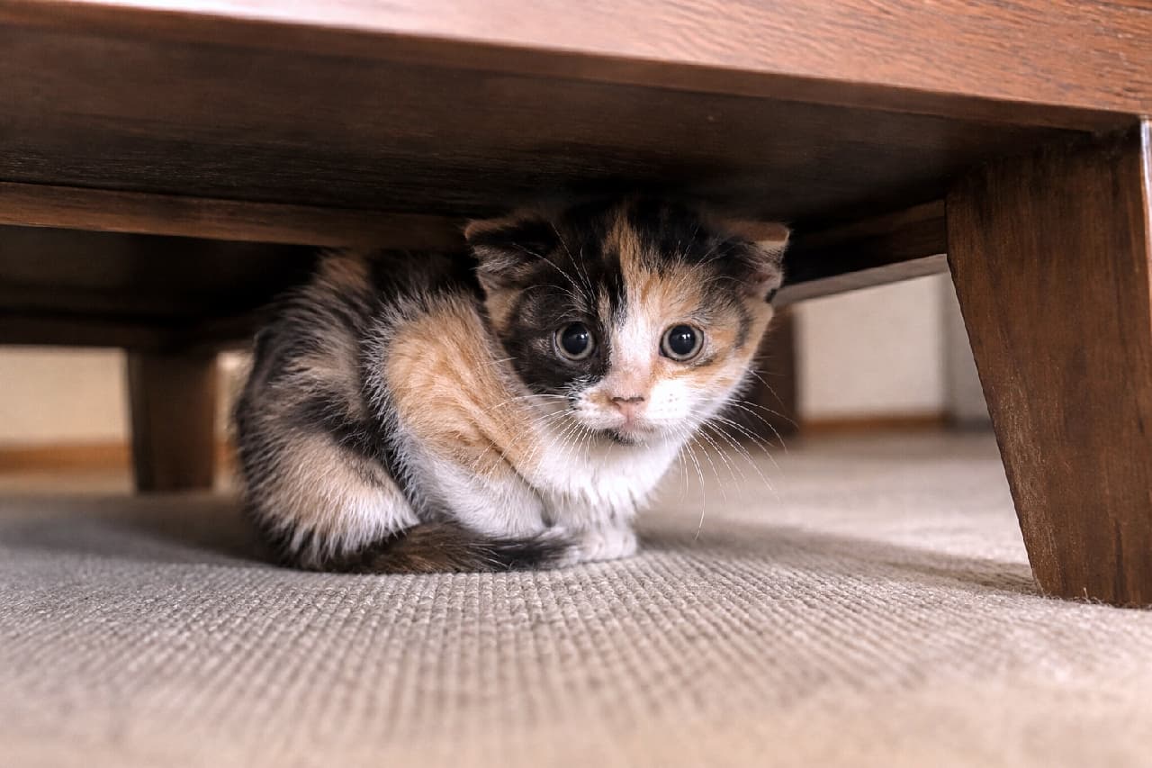 「家具の下でかくれんぼ?🥺💦しっぽをギュッと丸めて緊張気味な三毛猫ちゃん。早く安心してお外に出てきてね🐾💕 #三毛猫 #保護猫 #子猫のいる生活 #猫好きさんと繋がりたい #子猫 #猫のお昼寝 #猫のしっぽ #にゃんすたぐらむ #猫のいる暮らし」Ultra-realistic high-quality photograph of a frightened calico kitten hiding under wooden furniture. The kitten has wide, anxious eyes, slightly flattened ears, and its tail tightly tucked under its body due to extreme tension, resting on a beige carpet in soft, shadowed indoor lighting. 薄暗い木製家具の下に身を潜める三毛猫の子猫の超高画質写真。不安げに見開いた大きな瞳と少し伏せた耳、そして極度の緊張と恐怖からしっぽを体の下にギュッと巻き込んで隠すポーズがリアルに描写されています。ベージュのカーペットと影のコントラストが怯えた心理を強調しています