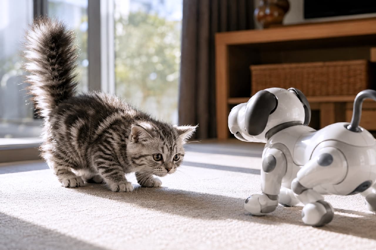 「未知との遭遇ニャ!?👽🤖ロボット犬にビビってしっぽが爆発しちゃったサバトラ子猫ちゃん、一生懸命で可愛すぎる😂💖 #サバトラ #子猫の成長 #猫のしっぽ #子猫 #にゃんすたぐらむ #猫のいる暮らし」Ultra-realistic high-quality photograph of a silver tabby kitten on a sunlit living room carpet, crouching defensively with its tail completely puffed up in fear and curiosity as it stares down a robotic dog toy. 日差しの差し込むリビングのカーペット上で、目の前のロボット犬のおもちゃに驚き、しっぽをボトルブラシのように大きく膨らませて身構えるサバトラ子猫の超高画質写真。少し腰を落とした警戒のポーズと、日光に透ける逆立ったふわふわの被毛、未知の物体に対する真剣な眼差しが克明に描かれています