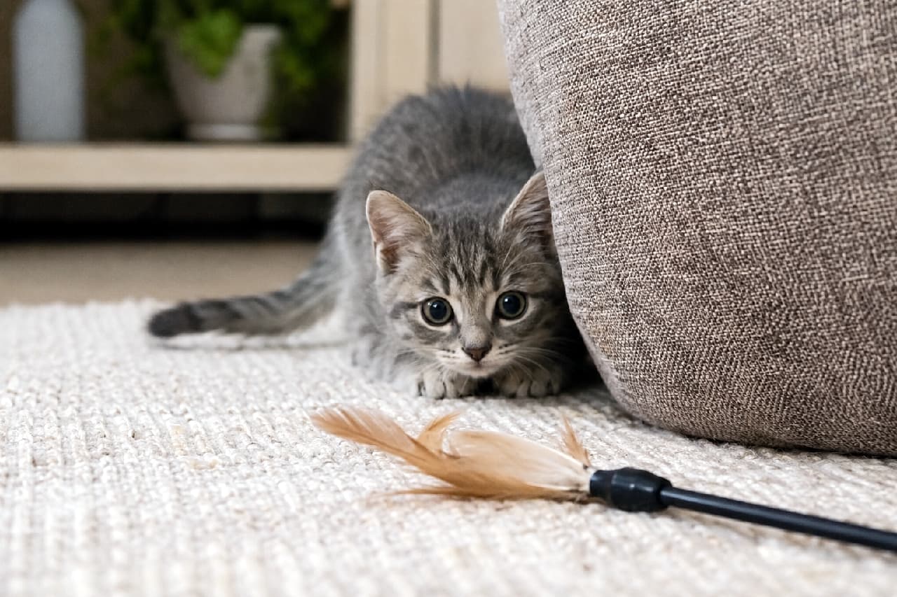 「クッションの陰からそーっと…🐾羽のおもちゃに全集中のサバトラ子猫ちゃん!低く伸びたしっぽがハンターの証です🐱🔥 #子猫と遊ぶ #子猫のいる生活 #猫好きさんと繋がりたい #子猫 #猫のお昼寝 #猫のしっぽ #にゃんすたぐらむ #猫のいる暮らし」Ultra-realistic high-quality photograph of a silver tabby kitten stalking a feather toy from behind a beige cushion. The kitten displays wide, focused eyes, a low crouching posture, and a tail extended low to the ground in deep concentration, captured in bright, soft indoor lighting on a textured rug. ベージュのクッションの陰から、手前にある猫じゃらし(羽のおもちゃ)を真剣な表情で狙うサバトラ(シルバータビー)子猫の超高画質写真。まん丸に開いた瞳、低く構えた姿勢、そして狩りの集中力から床すれすれにスッと伸ばされたしっぽが、明るく柔らかな室内光の中で愛らしくもリアルに表現されています