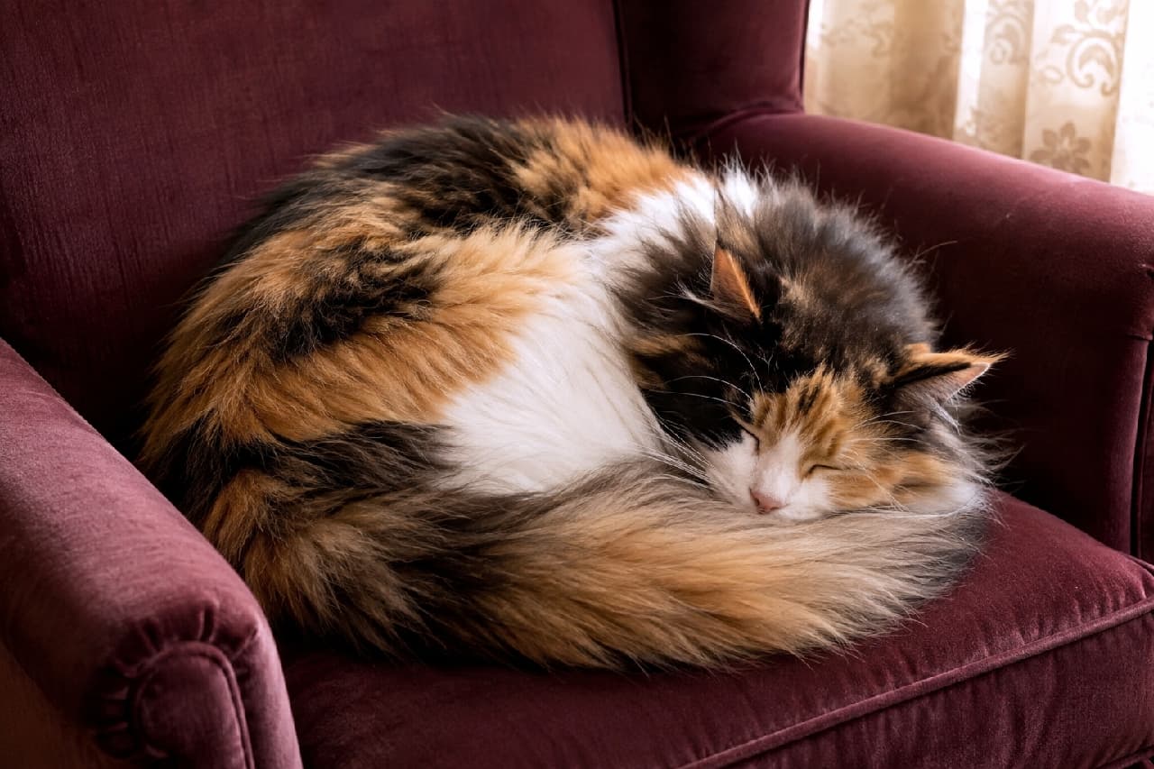 「くるんと丸まったしっぽは安心の証🐈✨見ているだけでこっちまで眠くなっちゃいますね🥱💕 #長毛猫 #三毛猫 #猫のお昼寝 #猫のしっぽ #にゃんすたぐらむ #猫のいる暮らし」Ultra-realistic high-quality photograph of a long-haired calico cat sleeping curled into a small ball on a deep wine-red velvet armchair. The cat is tightly wrapping its voluminous, fluffy tail around its body as if to ward off the cold. The serene sleeping face and muted indoor lighting create a warm, relaxing winter afternoon atmosphere. 深みのあるワインレッドのベルベット椅子で、体を小さく丸めて眠る長毛の三毛猫の超高画質写真。冷気を防ぐように、ボリュームたっぷりのふかふかしたしっぽを体に沿わせてギュッと巻き付けています。穏やかな寝顔と、落ち着いたトーンの室内光が、リラックスした冬の午後のような温かい雰囲気を演出