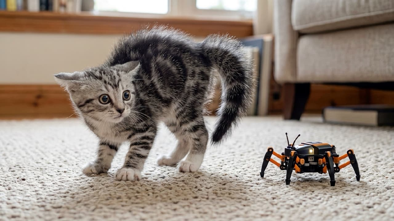 「未知との遭遇ニャ!?👽🤖ロボットにびっくりして、しっぽがボンッ!と爆発しちゃった可愛すぎる驚きポーズ🤣✨ #イカ耳 #猫のしっぽ #子猫 #にゃんすたぐらむ #猫のいる暮らし」Ultra-realistic high-quality photograph of a small silver-tabby kitten (possibly American Shorthair-type) in a defensive stance, arching its back on a soft carpeted floor after being startled by an orange and black multi-legged robotic toy. The kitten has wide, fearful eyes, ears pinned back, and its tail dramatically puffed up and bristled along its entire length, resembling a thick brush, conveying extreme startle and tension while retaining a natural feline shape. Soft indoor light highlights the detailed fur texture and pattern against the blurred domestic background of a window, wooden floor, and sofa. Extremely sharp focus on the kitten's face and robot. 柔らかなカーペットの上で、オレンジと黒の多脚ロボット玩具に驚き、背中を丸めて防御の姿勢をとるシルバータビー(アメリカンショートヘア風)の子猫。大きく見開かれた恐怖の目、後ろに伏せられた耳(イカ耳)、そして根元から先端まで太く、フサフサに逆立った(タヌキしっぽ)しっぽが、子猫の驚きと緊張の感情をリアルに伝えています。室内光による柔らかな光が、緻密な被毛の模様や質感、カーペットのディテールを際立たせています