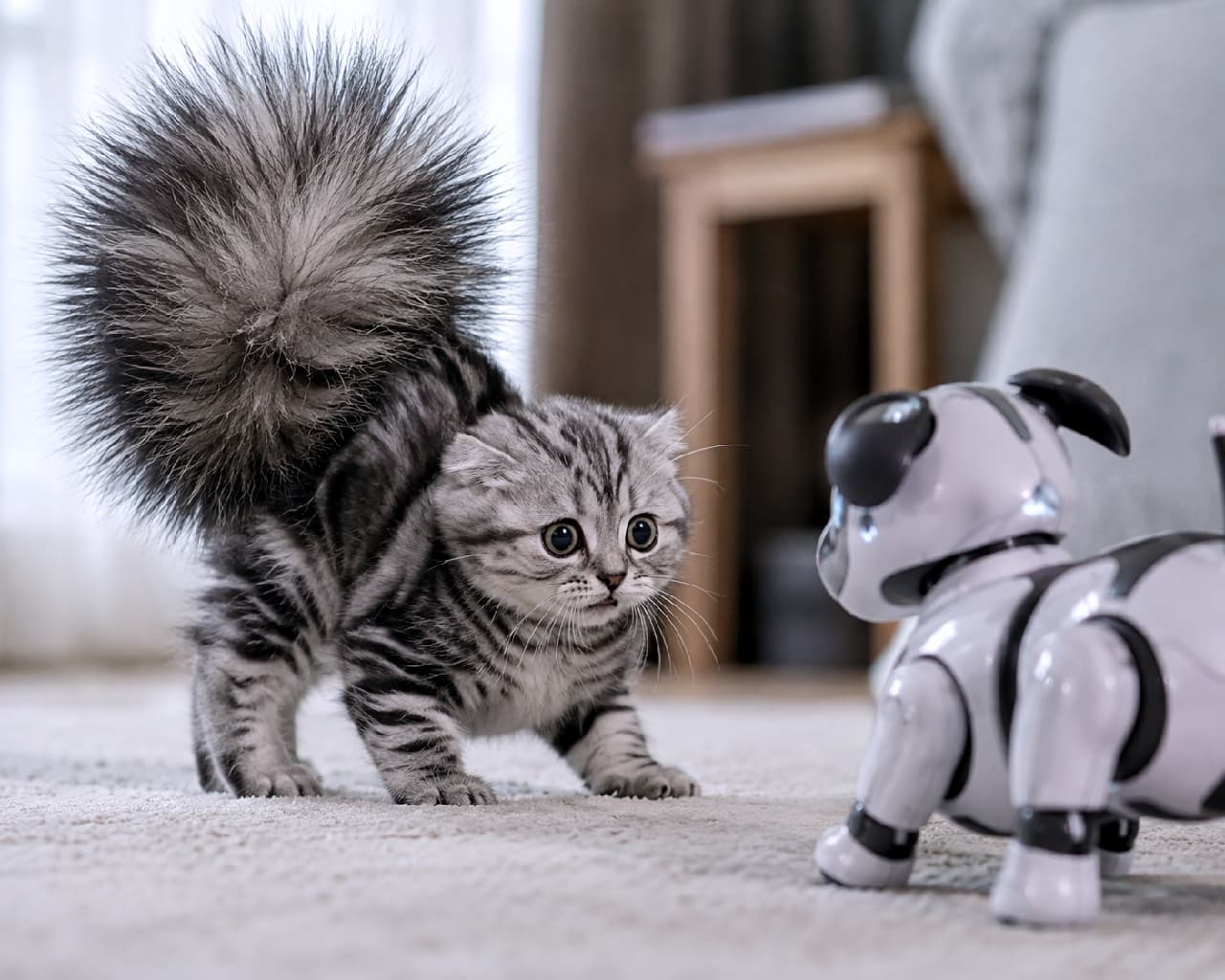「未知の生き物に遭遇して大パニック!🤖💥サバトラ子猫ちゃんのしっぽが、体より大きなフワフワのポンポンになっちゃいました🧶ツッコミどころ満載の威嚇ポーズです💕 #サバトラ #子猫の威嚇 #猫のしっぽ #子猫 #にゃんすたぐらむ #猫のいる暮らし」Ultra-realistic high-quality photograph of a tiny silver tabby kitten on a carpeted floor, startled by a robotic dog toy. The kitten is arching its back defensively with pinned ears and wide eyes, while its tail has puffed up into an impossibly massive, dramatic spherical fur-ball shape under soft indoor lighting. リビングのカーペット上でロボット犬のおもちゃに遭遇し、恐怖で身構えるサバトラ子猫の超高画質画像。耳を伏せ、目を丸くしてアーチ状に背中を丸める子猫の背中付近からは、体長よりも巨大でまん丸な毛玉のように膨れ上がった非現実的なしっぽが生えており、柔らかな室内光がそのフワフワな質感を捉えています