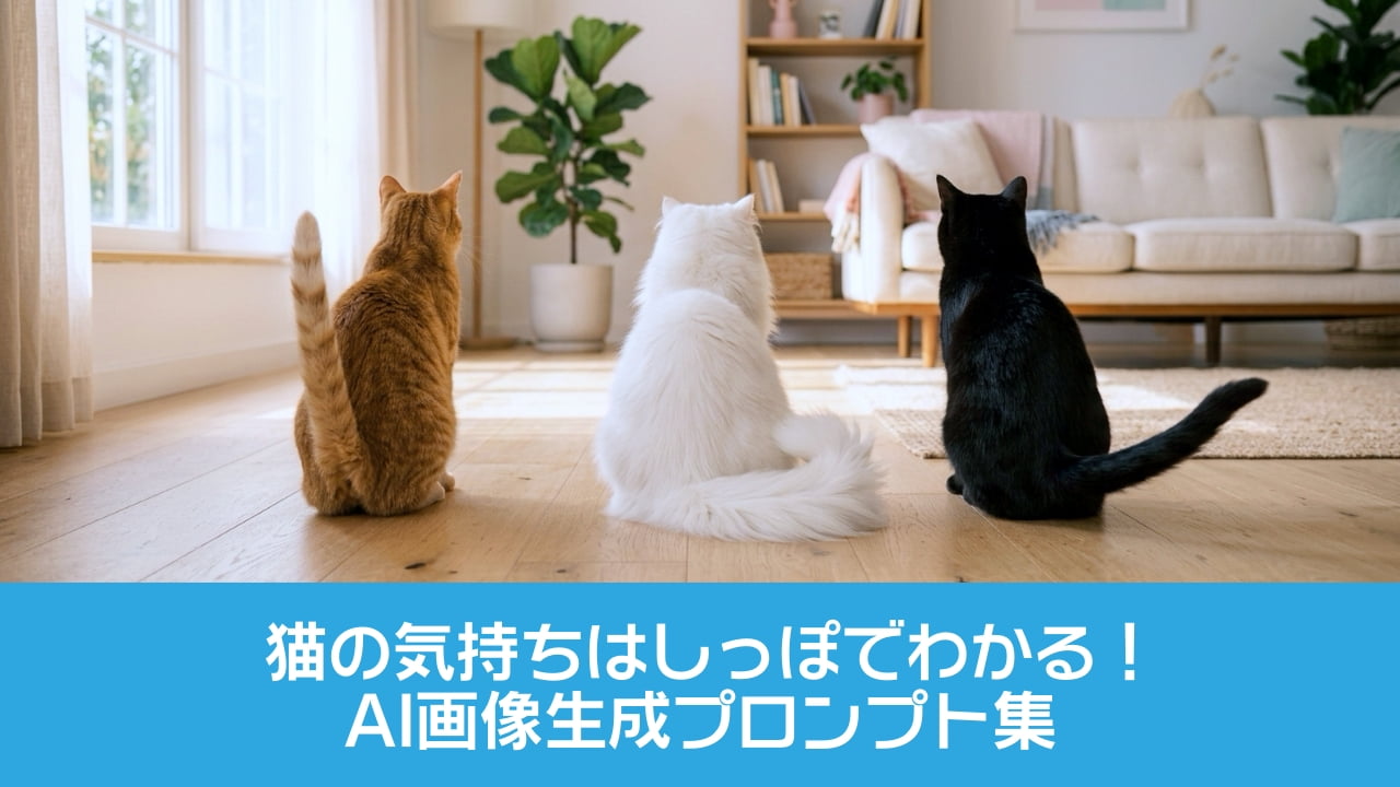 「しっぽでわかる3匹3様の感情表現が可愛すぎる🤭💕ご機嫌、リラックス、ワクワク…みんなで窓の外の何を狙ってるのかな？💭🐈 #猫のしっぽ #多頭飼い #猫のいる暮らし」Ultra-realistic high-quality wide aspect ratio photograph of three cats sitting in a row on a light-colored wooden floor in a bright, sunlit modern living room, viewed from behind. From left to right: a ginger tabby cat with its tail pointing straight up vertically, a fluffy white cat with its tail peacefully curled around its body, and a sleek black cat with its tail swishing dynamically to the side. The soft natural light perfectly highlights their highly detailed fur textures against a clean, pastel-toned home interior background. 陽光あふれるモダンなリビングの無垢材フローリングに並んで座る3匹の猫の後ろ姿の超高画質パノラマ写真。左から、喜びを示すようにしっぽをピンと立てた短毛の茶トラ猫、リラックスしてふかふかのしっぽを体に沿わせた長毛の白猫、何かに興味を示してしっぽを横に振るしなやかな黒猫。美しい自然光がそれぞれの被毛の質感や模様を際立たせ、観葉植物やソファが配置されたパステルトーンの背景が温かな空間を演出