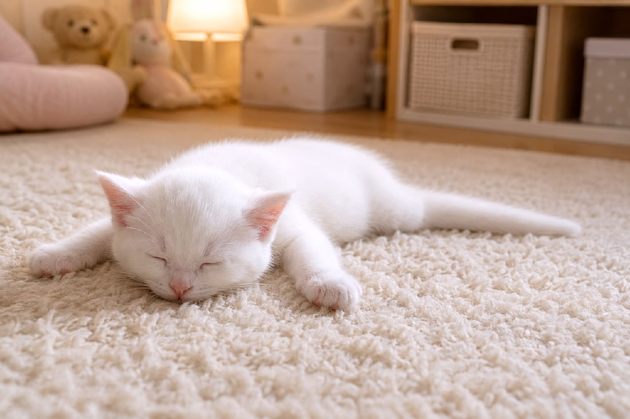 「遊び疲れてパタリ…💤しっぽもペチャンコにして完全脱力中の白猫ちゃん、まさに舞い降りた天使👼🤍 #白猫 #子猫のいる生活 #猫好きさんと繋がりたい #子猫 #猫のお昼寝 #猫のしっぽ #にゃんすたぐらむ #猫のいる暮らし」Ultra-realistic high-quality photograph of a white kitten lying flat on its stomach on a fluffy beige rug in a cozy room lit by warm ambient light. Looking as if its batteries ran out from playing, its limbs and tail are sprawled out motionlessly on the floor, eyes completely closed in total relaxation. Background toys and storage boxes create a homey atmosphere. 温かみのある間接照明に照らされた子供部屋のような空間で、ベージュのふわふわしたラグの上にうつ伏せに寝そべる白い子猫の超高画質写真。遊び疲れて電池が切れたように、手足としっぽを床にだらんと投げ出し、完全に脱力して目を閉じています。背景のぬいぐるみや収納ボックスがアットホームな雰囲気を醸し出しています