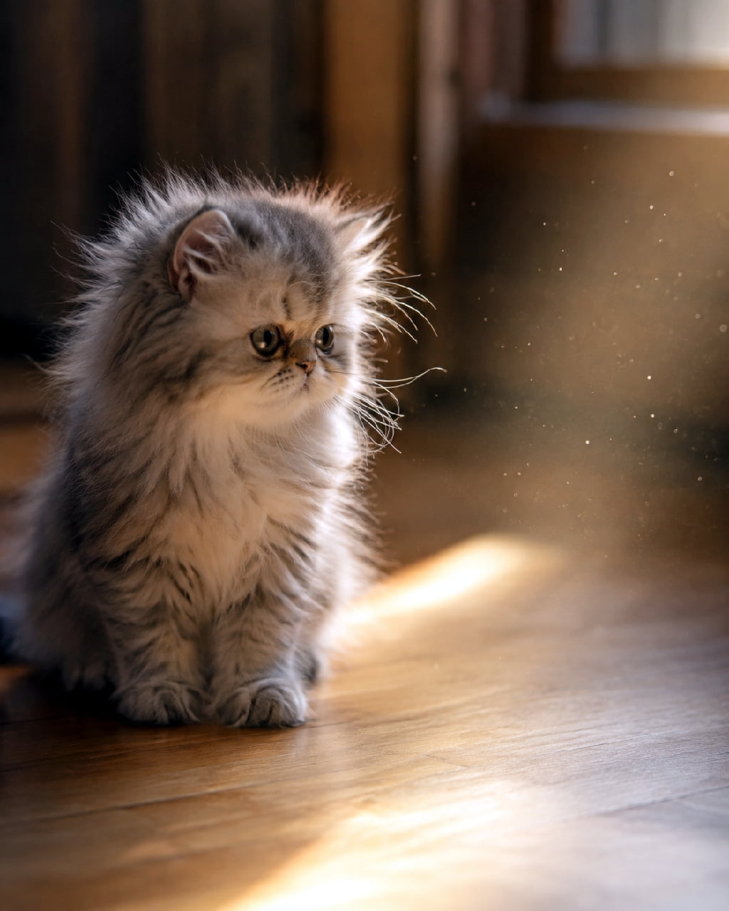 「光の魔法に包まれて…✨ 何を見つめているのかな?🥺💖 #ペルシャ猫 #子猫 #陽だまり #猫好きさんと繋がりたい #猫のいる暮らし」Ultra-realistic high-quality photograph of a fluffy silver tabby Persian kitten sitting on a wooden floor, bathed in warm sunlight streaming through a window. The backlighting beautifully illuminates the kitten's long fur, while dust motes dance and sparkle in the light rays, creating a magical, nostalgic, and cinematic atmosphere. 木目の美しいフローリングの上で、窓から差し込む暖かな陽だまりの中にちょこんと座るシルバータビーのペルシャ子猫。逆光気味の光が長く豊かな被毛の輪郭を黄金色に輝かせ、空気中を舞う細かなチリが光芒となってキラキラと反射している。真ん丸な瞳で何かをじっと見つめる横顔が神秘的でノスタルジックな情景