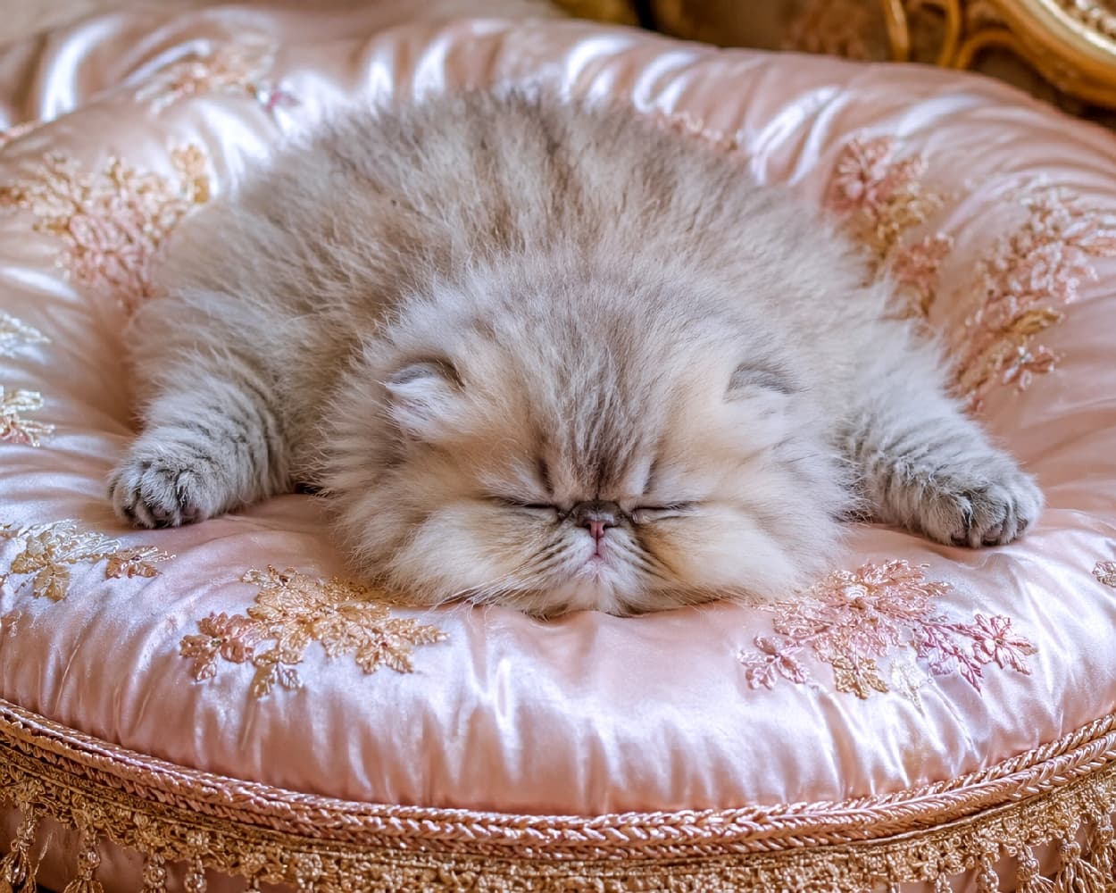 「お餅みたいにとろけちゃった…🤤💤 ふわふわクッションの上で夢の中へ☁️ #ペルシャ猫 #子猫 #お昼寝タイム #猫のいる暮らし」Ultra-realistic high-quality photograph of a fluffy silver-grey Persian kitten sleeping flat on its stomach on a luxurious, glossy pink cushion with floral embroidery and fringes. The kitten's characteristic flat face and long fur melt into the soft fabric, creating an incredibly adorable and relaxed pose under soft natural lighting. 淡いシルバーグレーの被毛を持つペルシャ猫の子猫が、花柄の刺繍とフリンジが施された光沢のあるピンク色の豪華なクッションの上で、うつ伏せになって気持ちよさそうに眠っている様子。特徴的な短い鼻と豊かな長毛がクッションに沈み込み、まるでとろけてしまったかのような愛らしいポーズをとっている。自然光が柔らかく被毛を照らしている